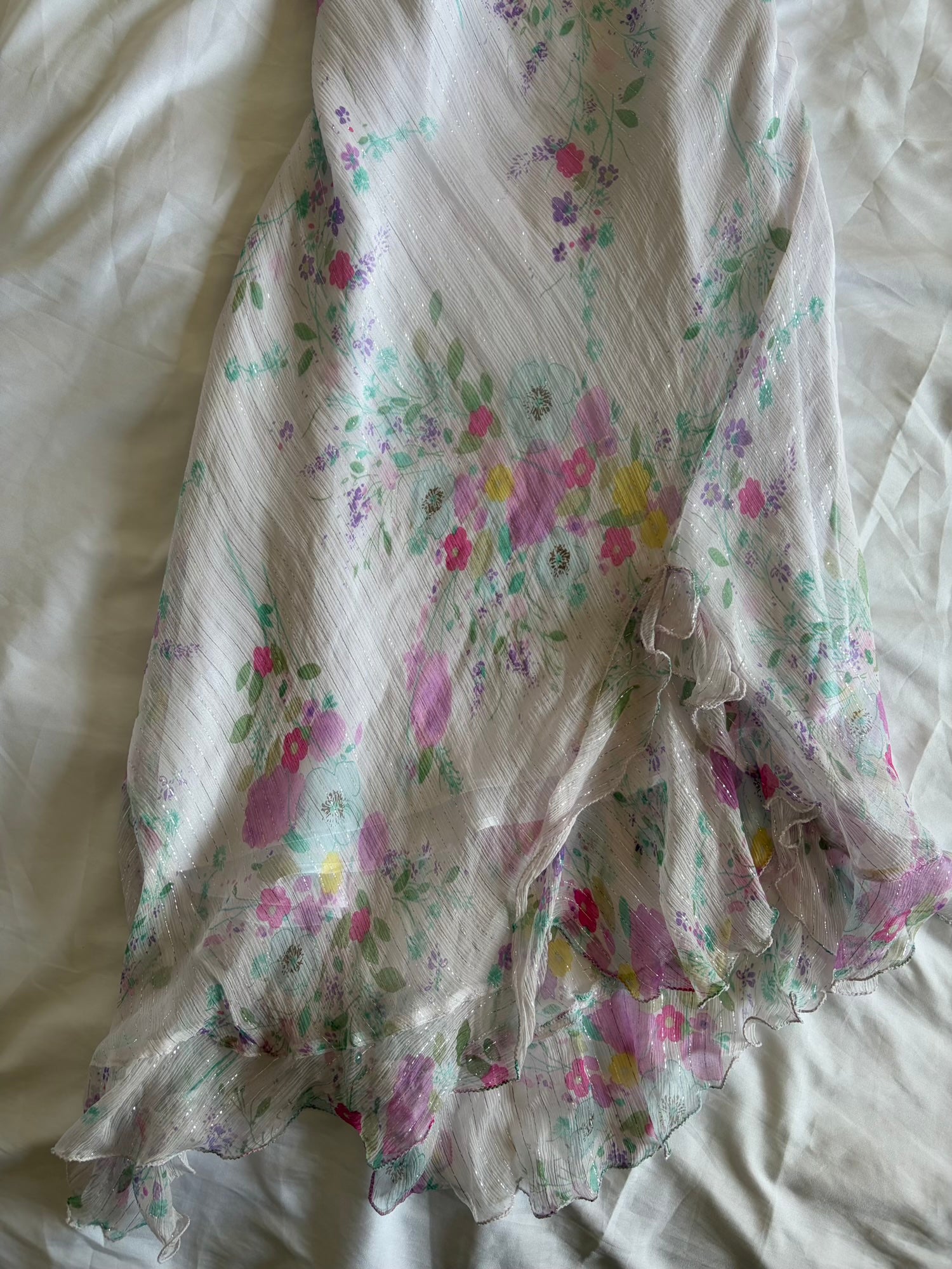 Vintage Y2K Rare Silk Asymmetrical Hem Midi Dress with Floral Detail and Sparkly Silver Detail