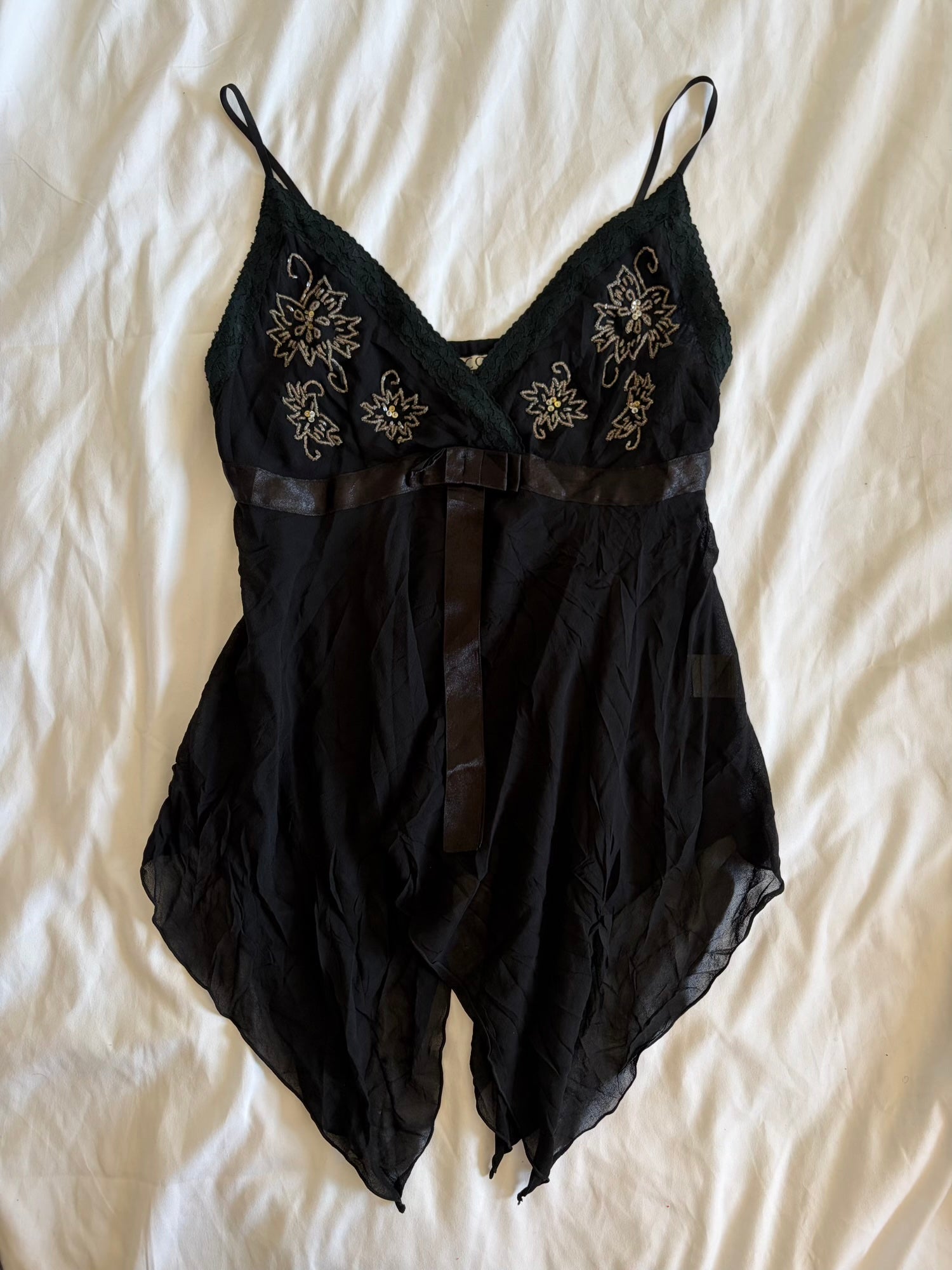 Vintage Y2K Japanese black silk handkerchief hem beaded and sequin cami