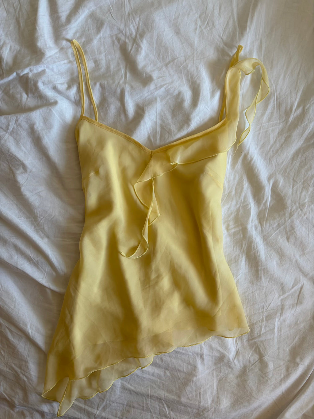 Vintage Y2K butter yellow asymmetrical hem fairy cami with ruffle sleeve detail