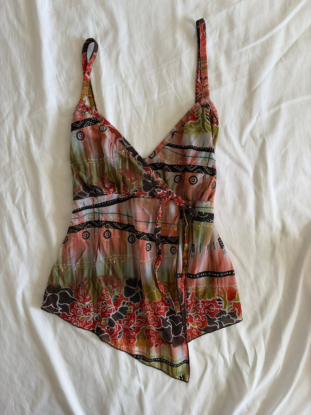 Vintage Y2K French Abstract Asymmetrical Hem Split Front Cami with Sparkles