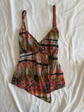 Vintage Y2K French Abstract Asymmetrical Hem Split Front Cami with Sparkles