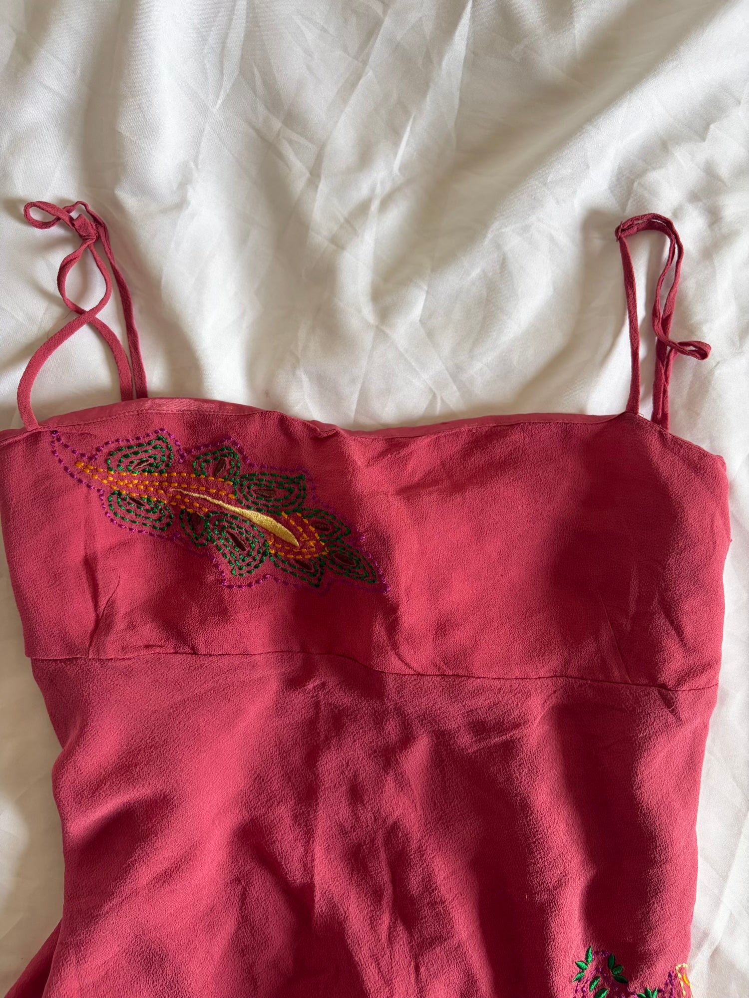 Vintage 1990s Silk Raspberry Asymmetrical Hem Forest Fairy Cami with Embroidery