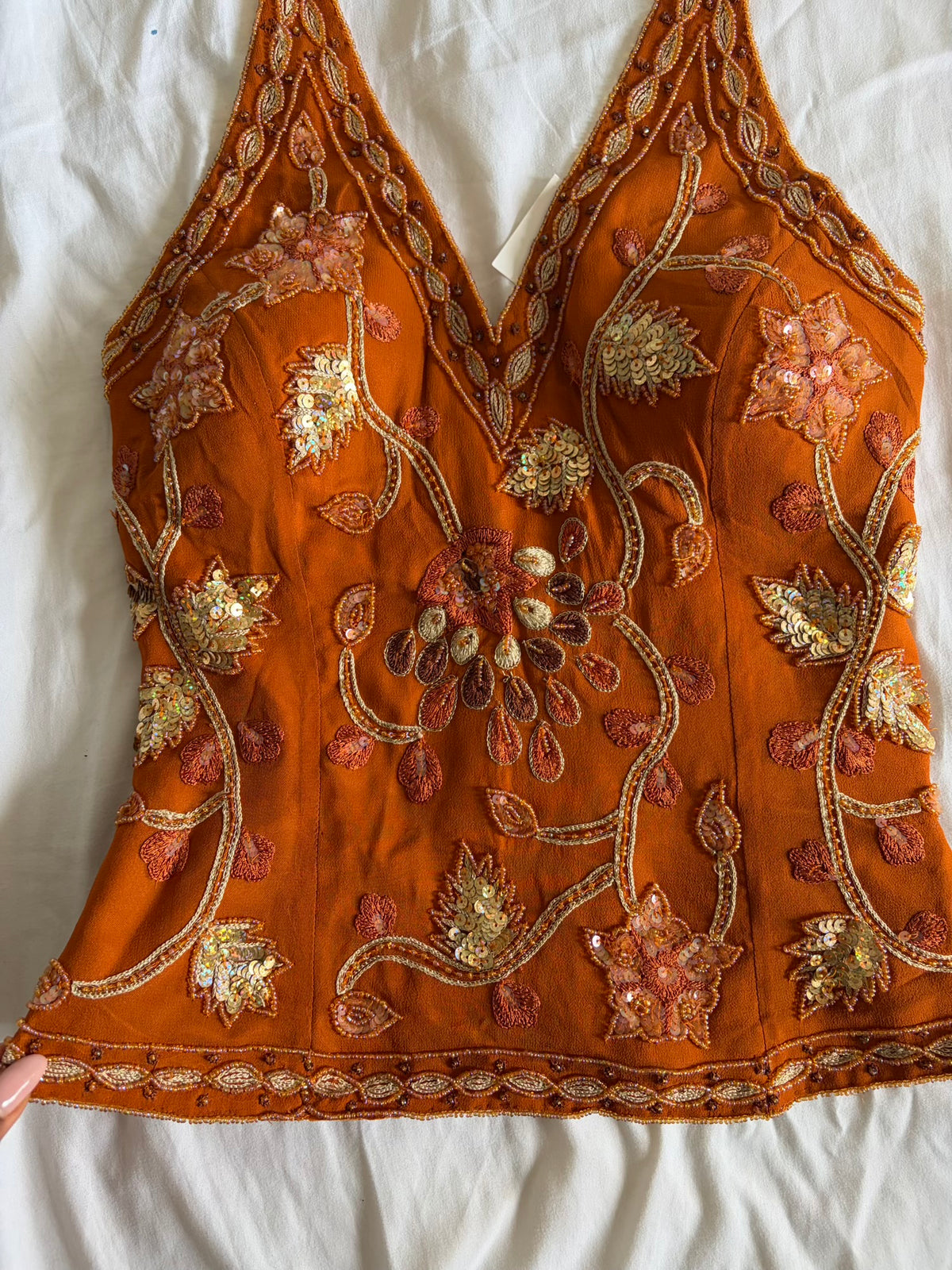 Vintage Y2K Burnt Orange Silk Beaded Corset Style Halter - Size Extra Small