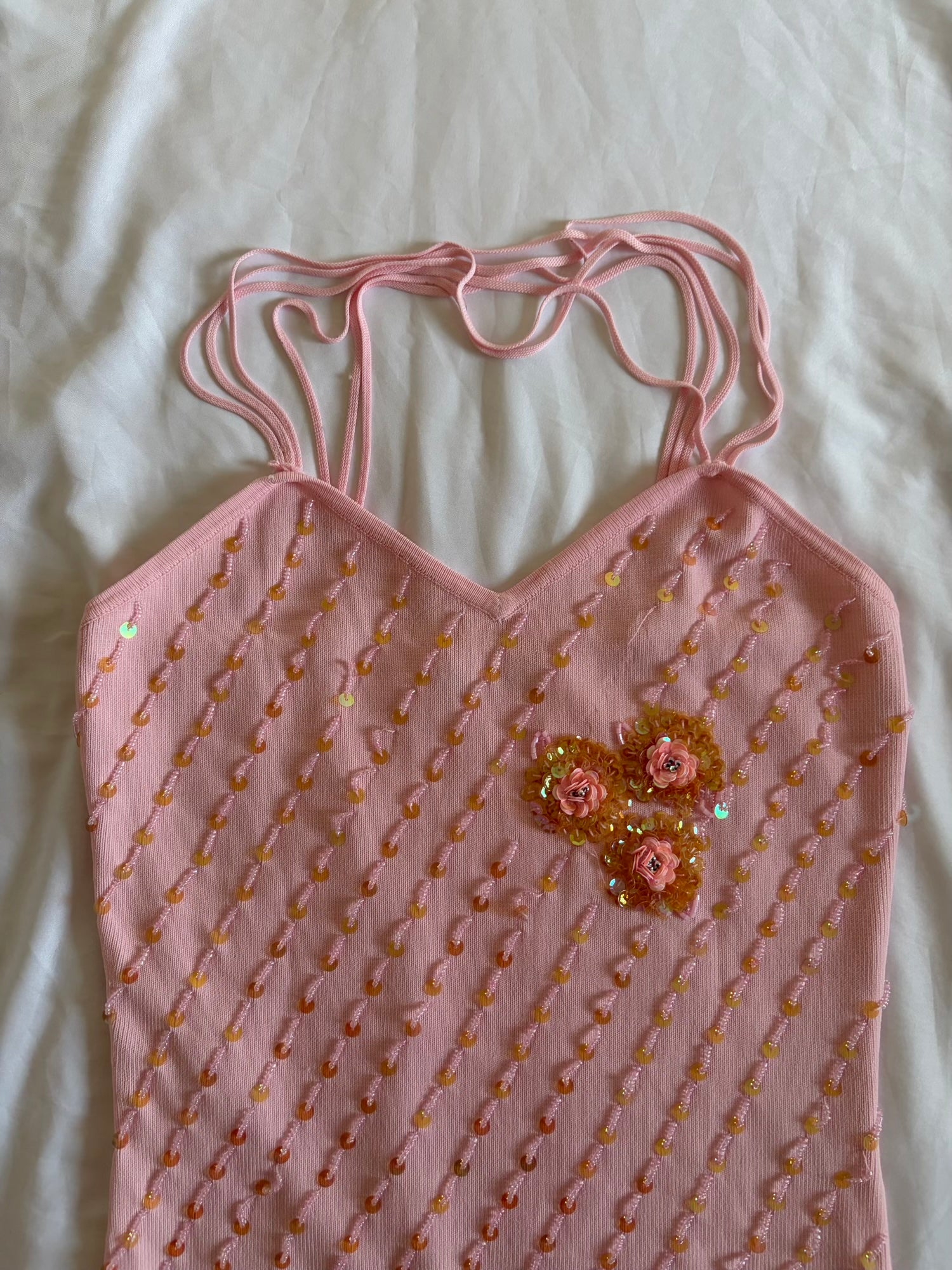 Vintage Y2K Baby Pink Knit Beaded and Sequin Cami with Triple Cross Straps