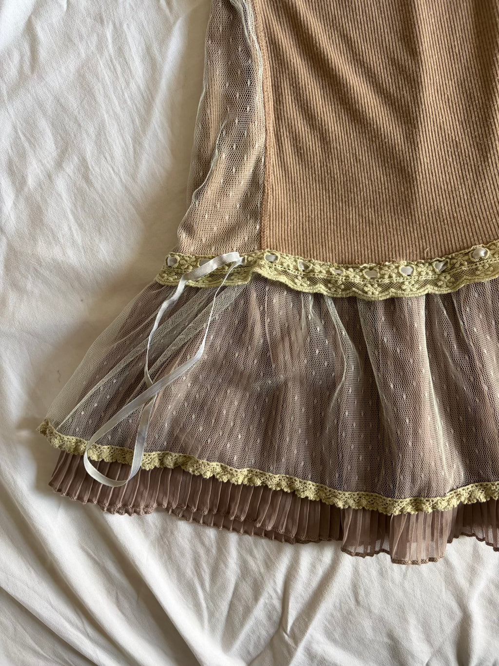 Vintage Y2K Beige Mini Dress with Mesh Polka Dot Hem and Ribbon