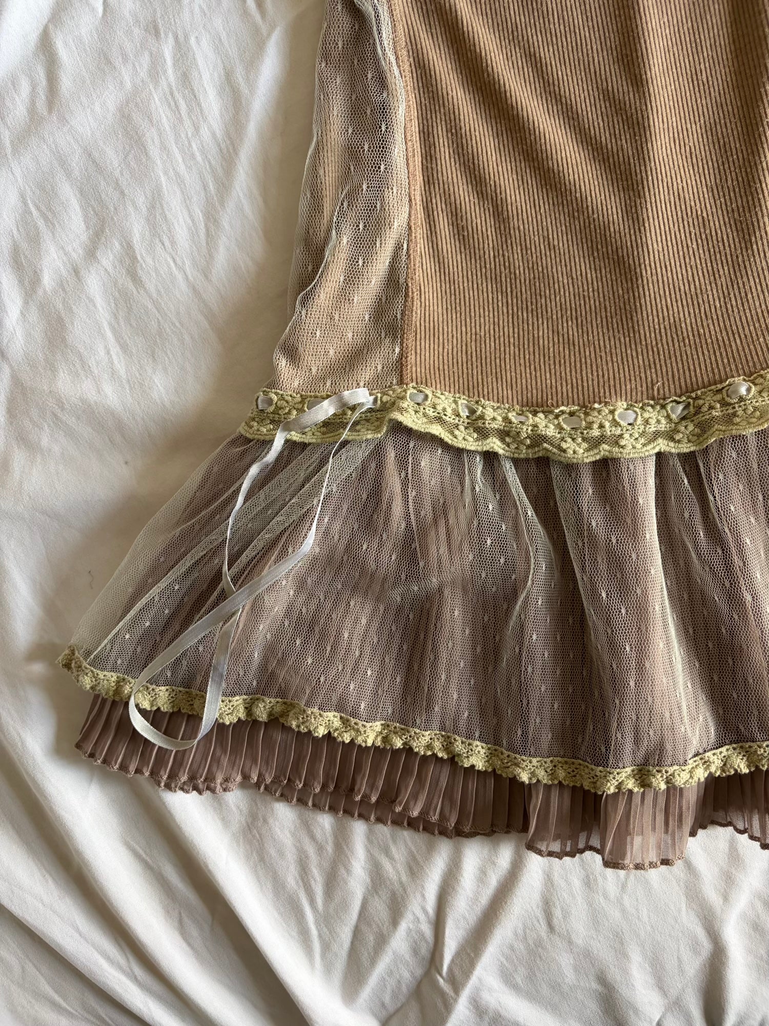 Vintage Y2K Beige Mini Dress with Mesh Polka Dot Hem and Ribbon