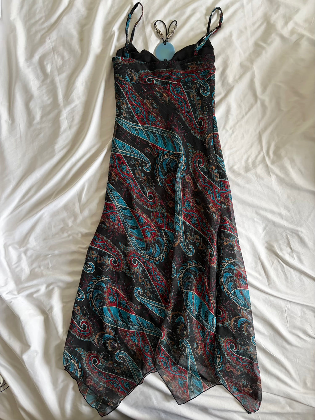 Vintage 1990s Handkerchief Hem Paisley Whimsy Dress with Blue Pendant