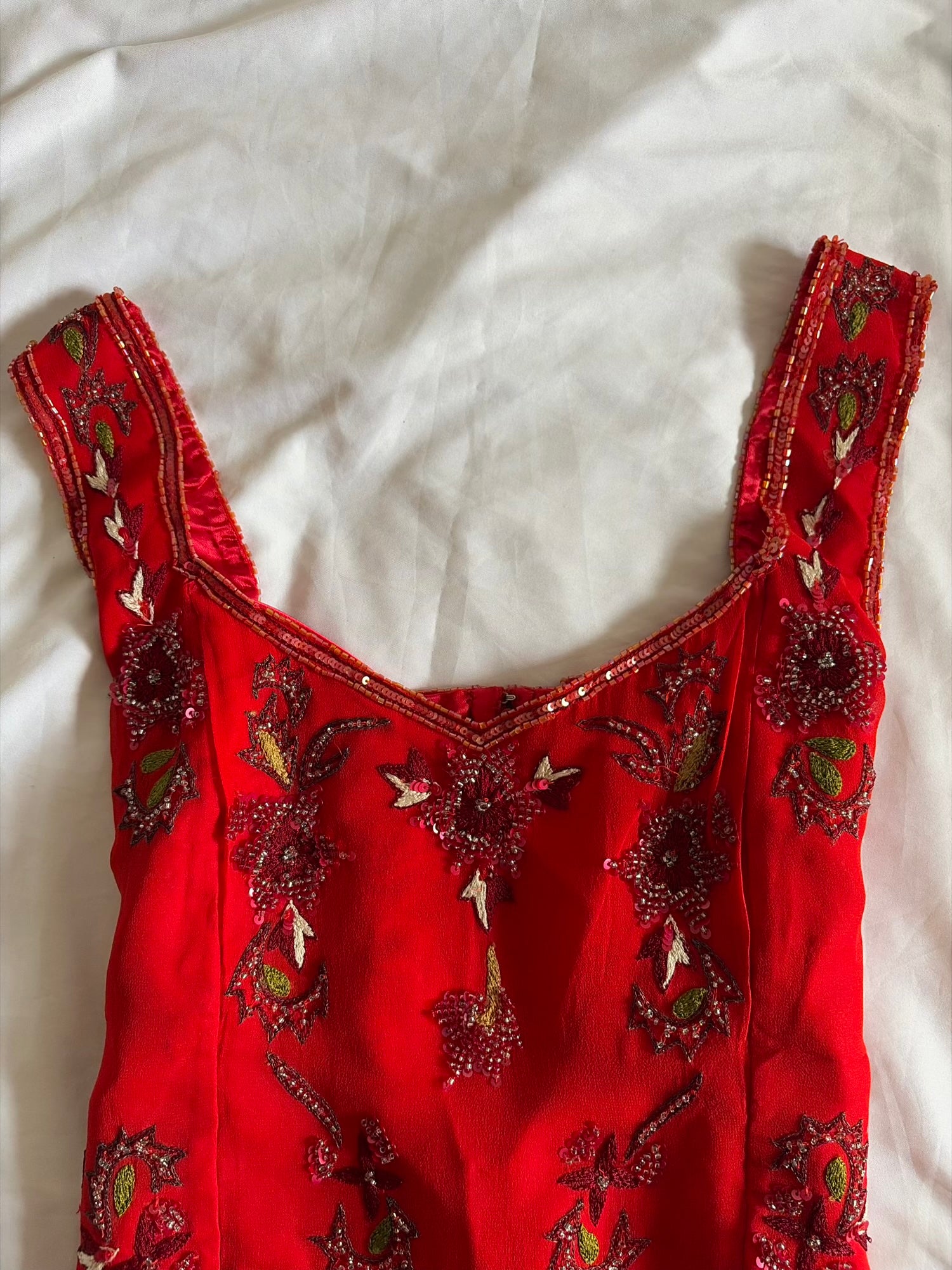 Vintage Y2K Silk Red Beaded and Sequin Basque Waist Top