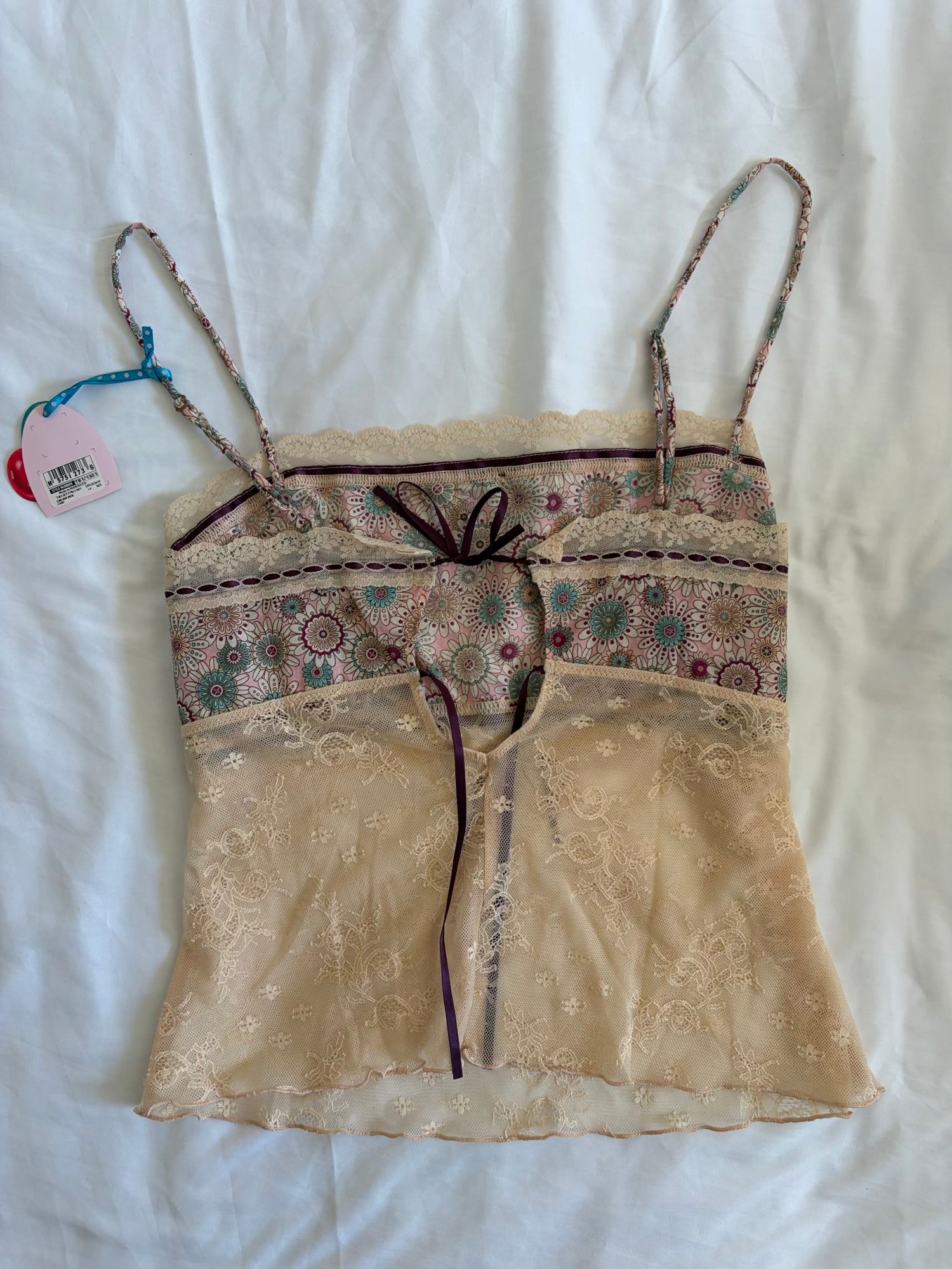 Vintage Y2K Beige Coquette Lace and Floral Cami with Purple Detailing