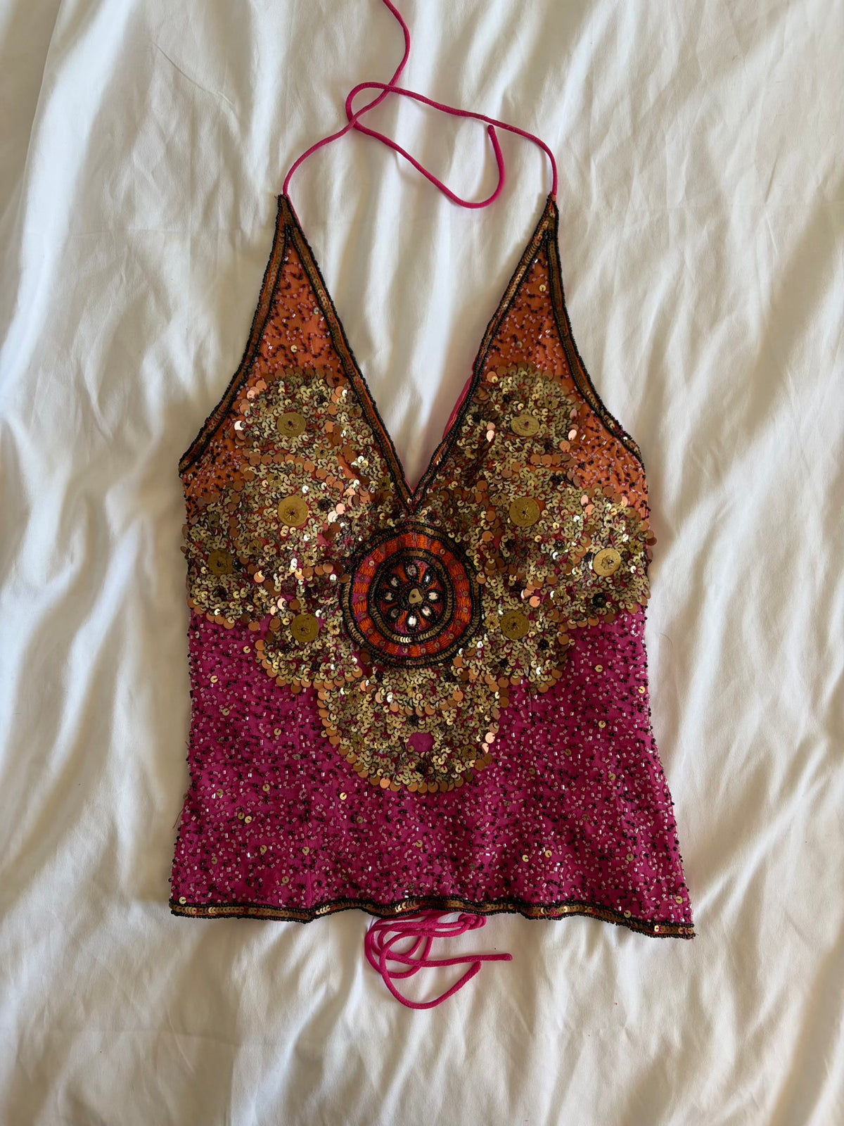 Vintage Y2K Aftershock pink and orange ombre sunset silk halterneck corset style cami