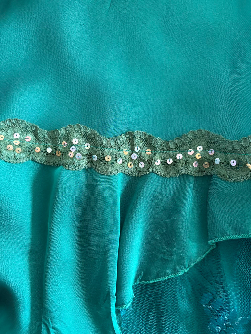 Vintage Y2K Teal Fairy Sheer Mini Asymmetrical Hem Dress with Lace and Sequins