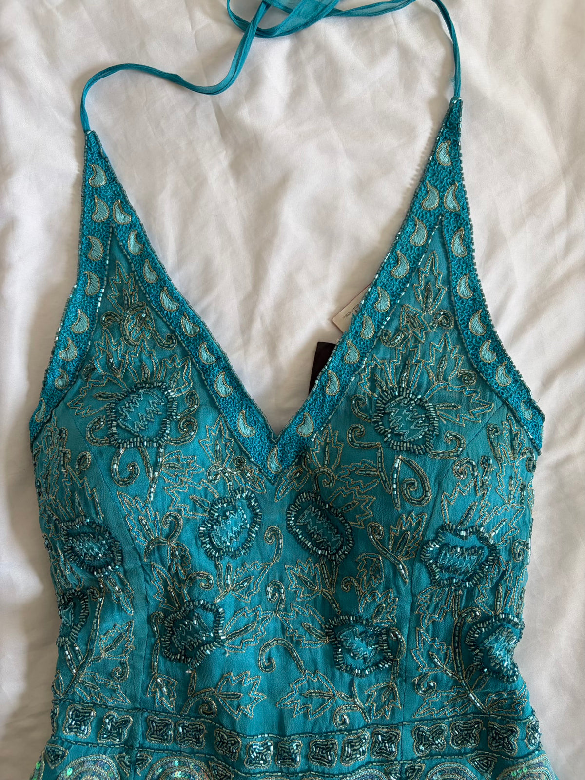 Vintage 2000s Aftershock Silk Cyan Blue Beaded Corset-Style Halter