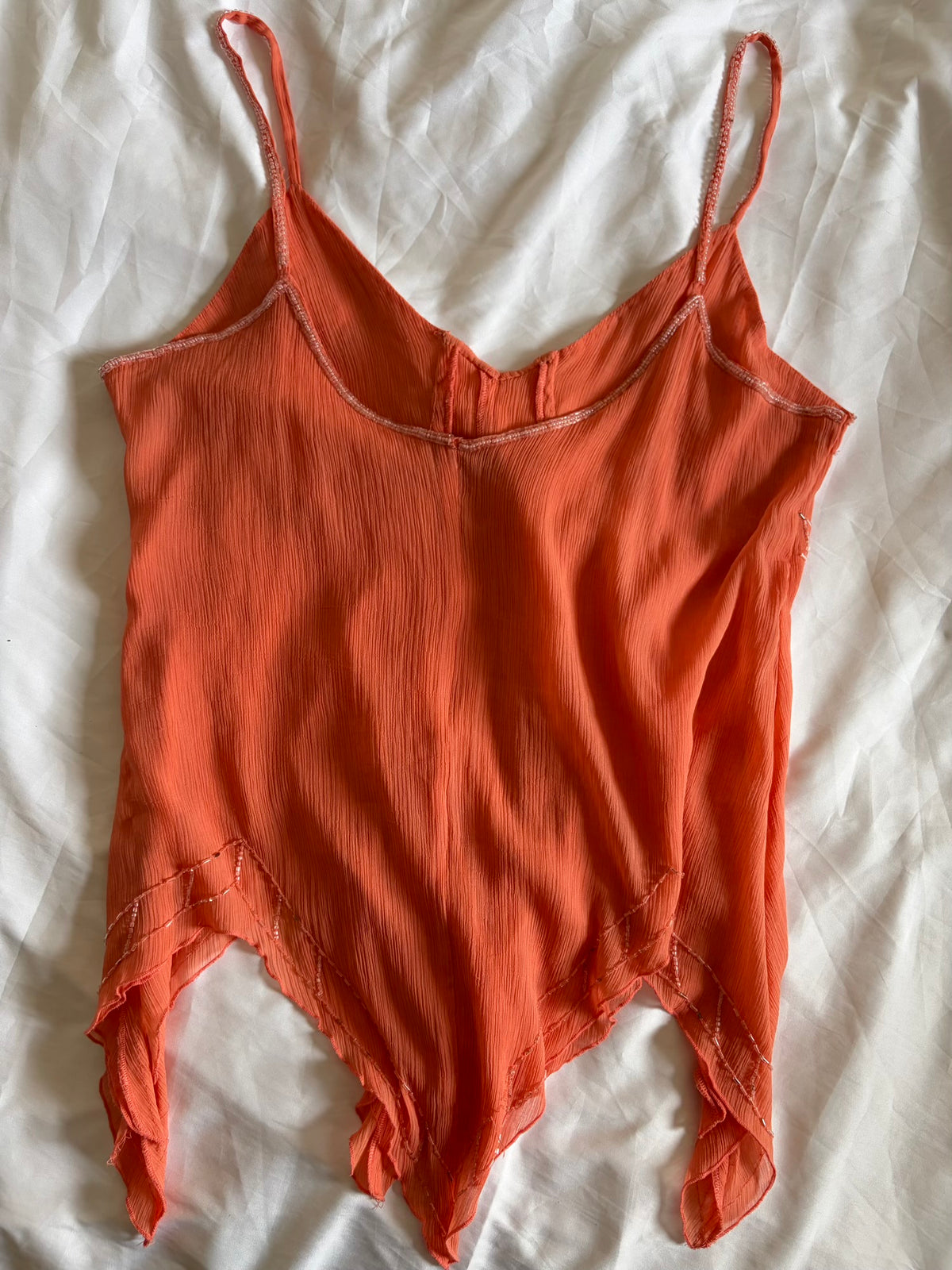 Vintage Y2K Coral Handkerchief Hem Sequin and Beaded Cami