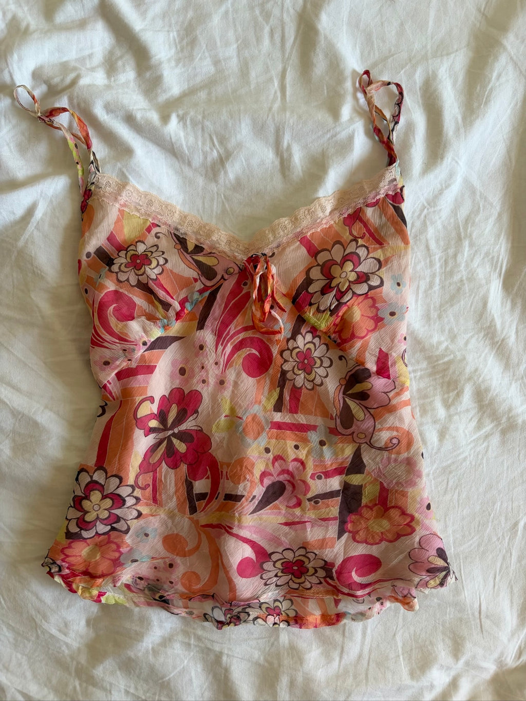 Vintage Y2K Italian silk butterfly and floral cami with lace bust