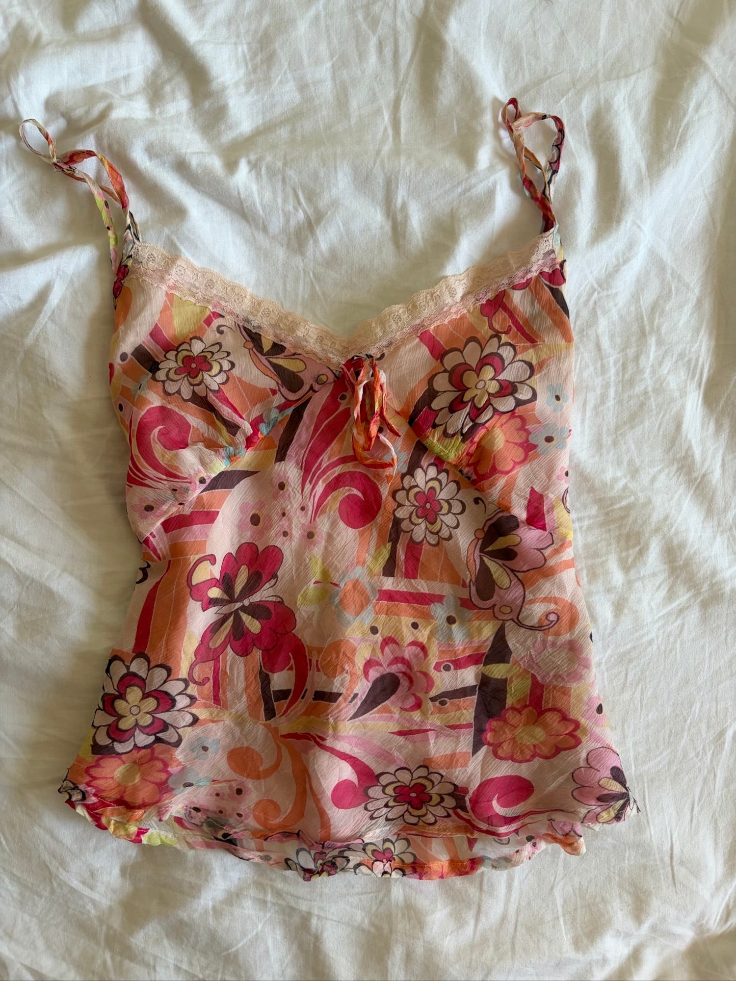 Vintage Y2K Italian silk butterfly and floral cami with lace bust
