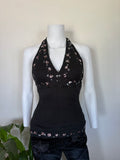 Vintage 1990s Black Floaty Silk Halterneck with Sequins and Beads