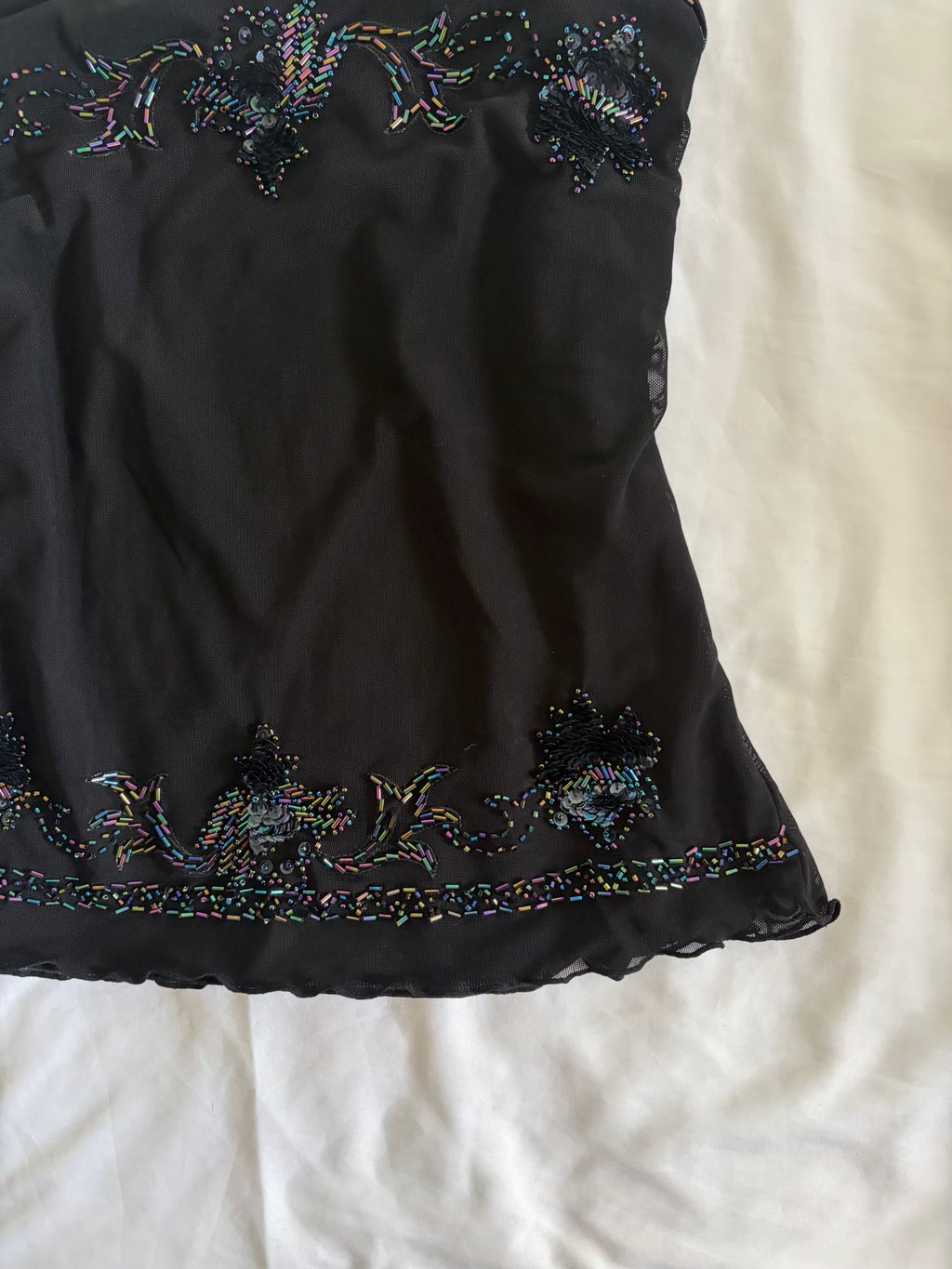 Vintage 1990s Black Mesh Cami with Beaded Detail