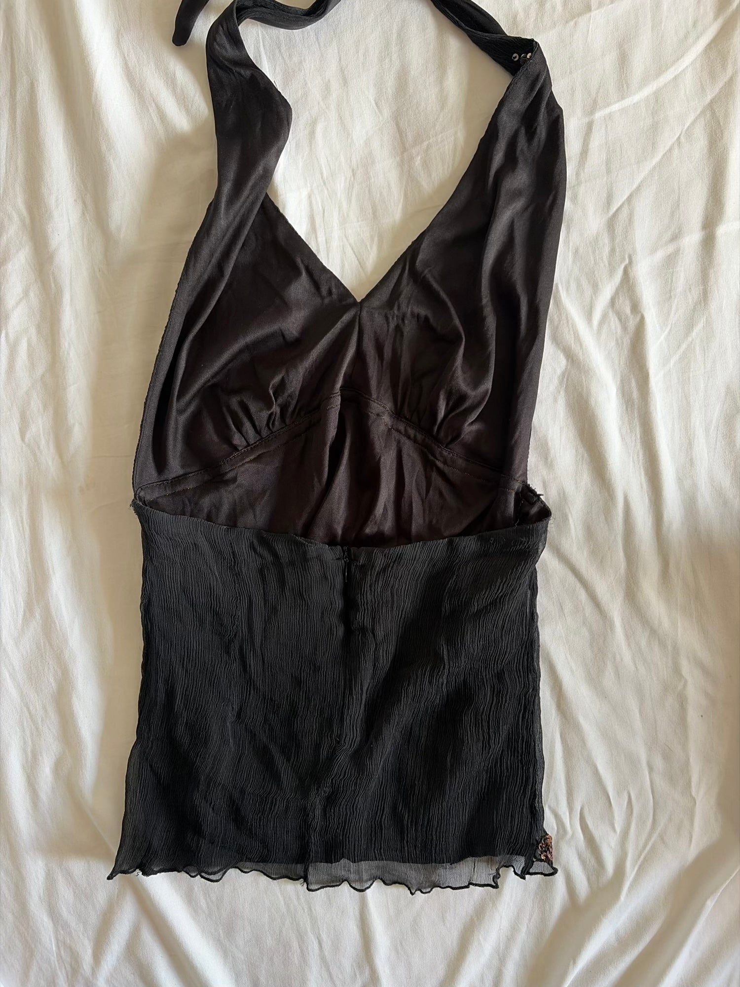 Vintage 1990s Black Floaty Silk Halterneck with Sequins and Beads