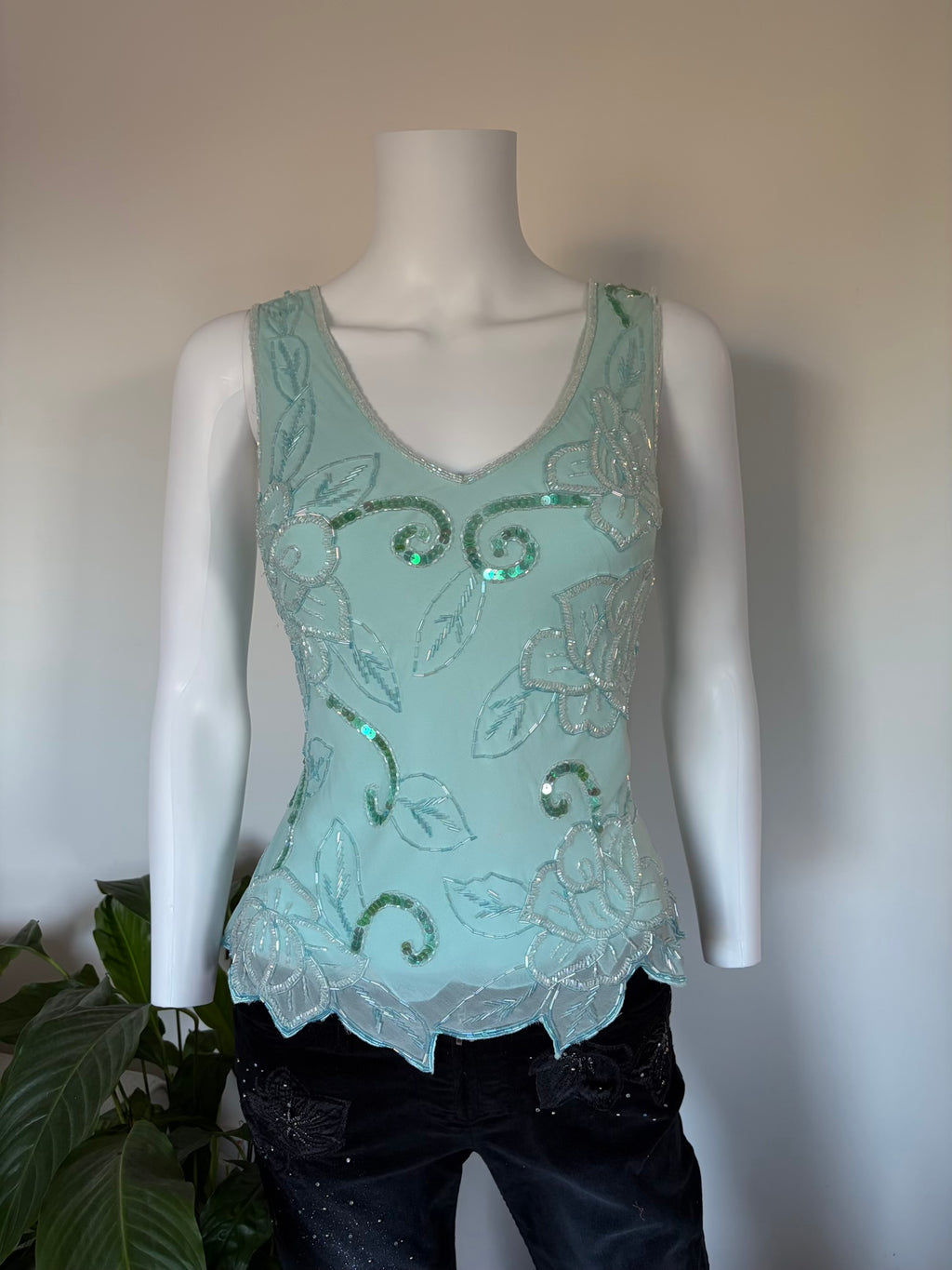 Vintage 2000s Silk Turquoise Heavily Beaded and Sequin Blouse