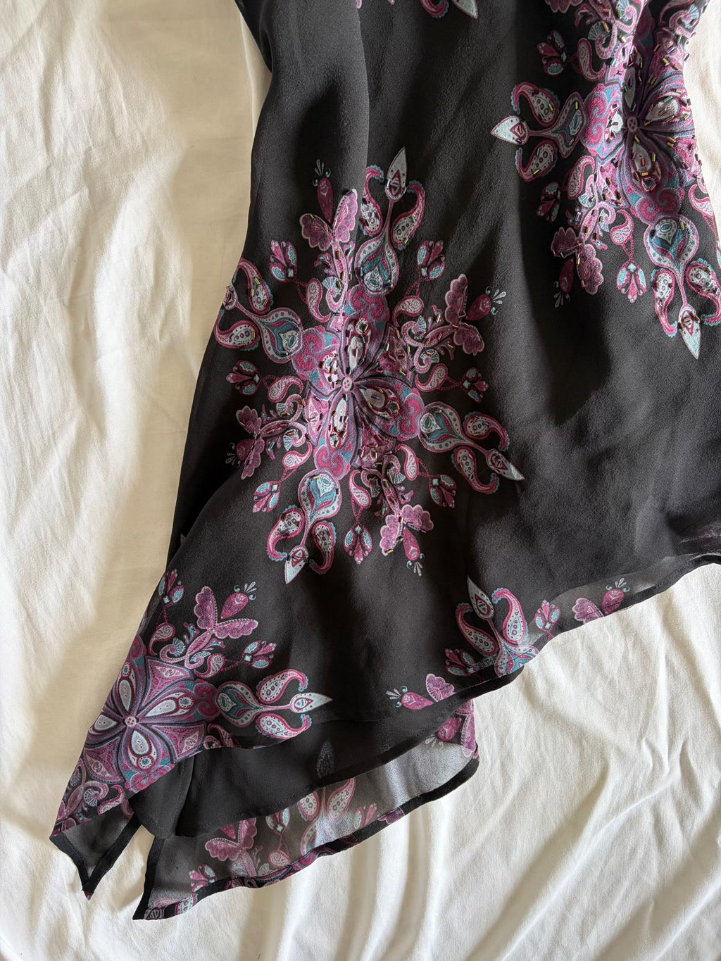 Vintage 1990s Gharani Strok Silk Whimsy Asymmetrical Hem Top with Braided Straps and Beads