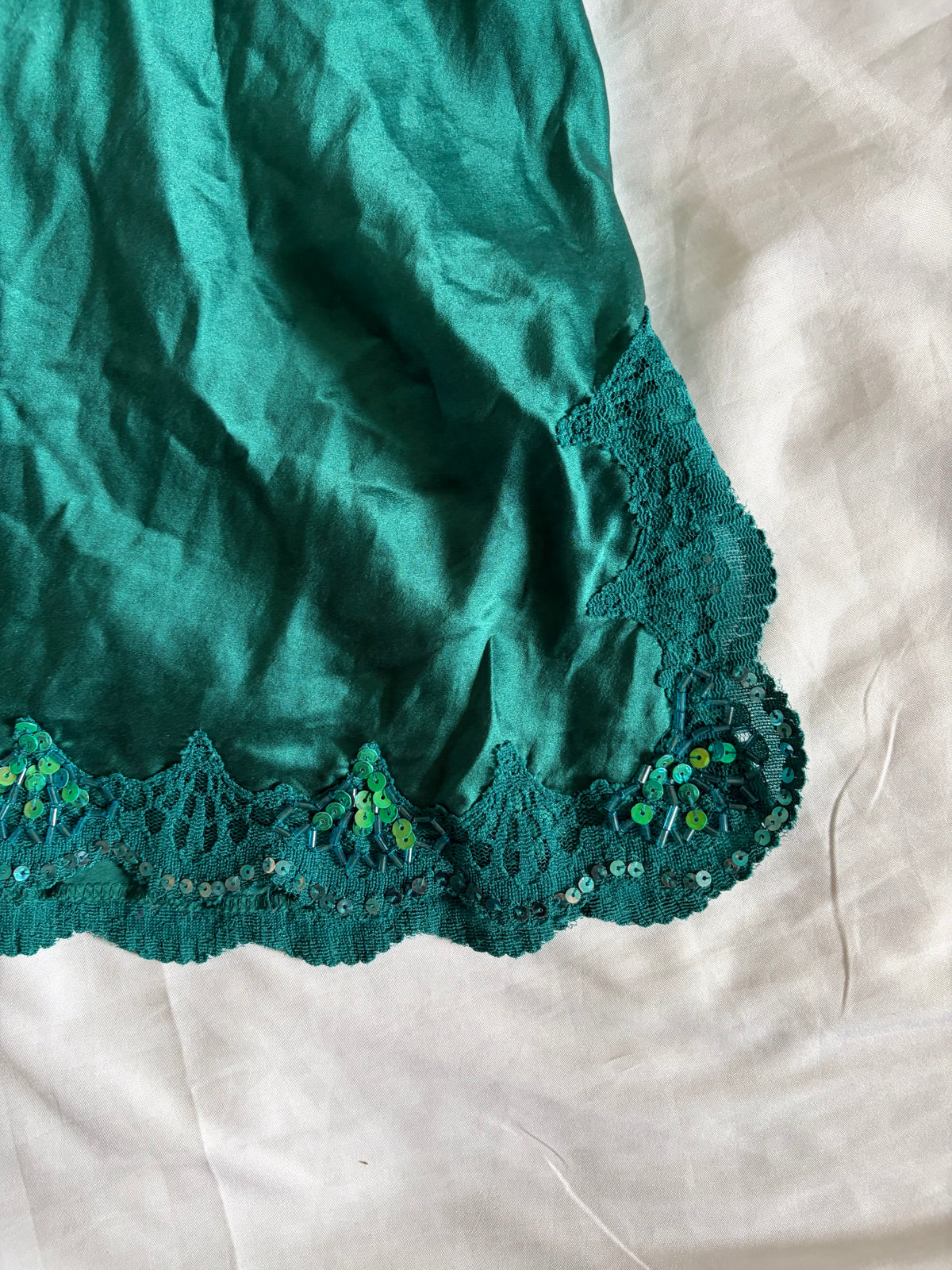 Vintage 1990s Oasis Silk Teal Beaded Mini Slip Dress