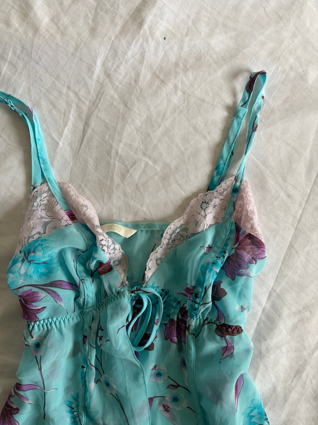 Vintage 2000s Blue Floral Tie-Bust Lace Cami
