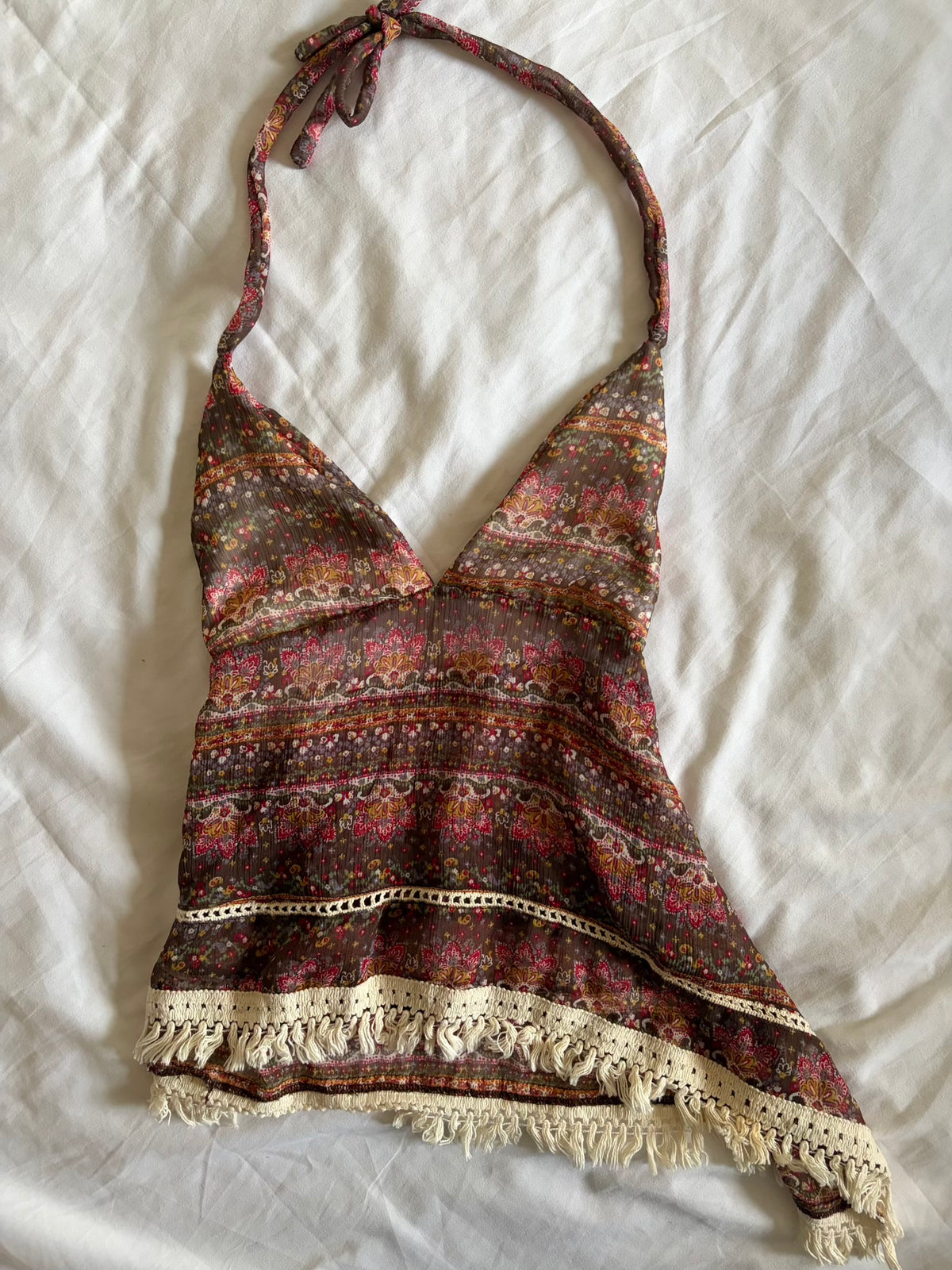 Vintage 1990s Asymmetrical Hem Paisley Open Back Halterneck Cami with Crochet