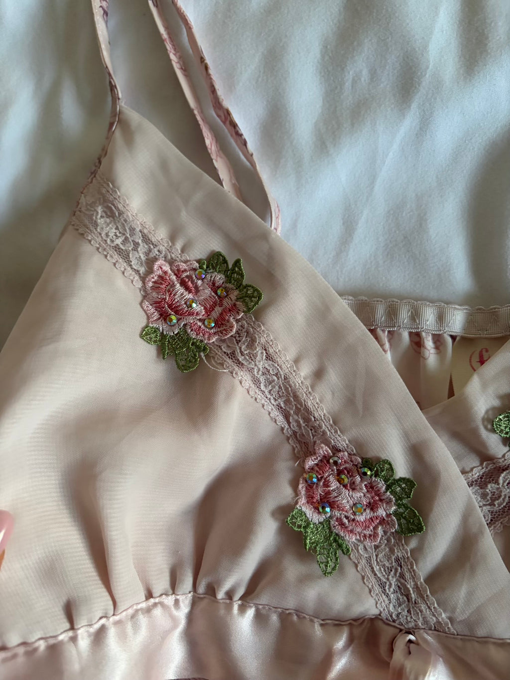 Vintage Y2K Japanese baby pink cami with embroidery on the bust and sequins with ribbon
