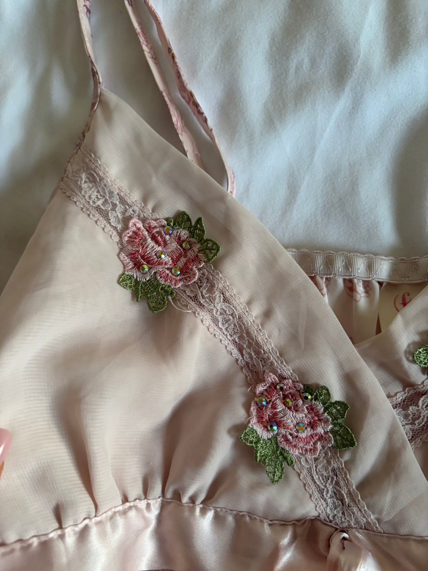 Vintage Y2K Japanese baby pink cami with embroidery on the bust and sequins with ribbon