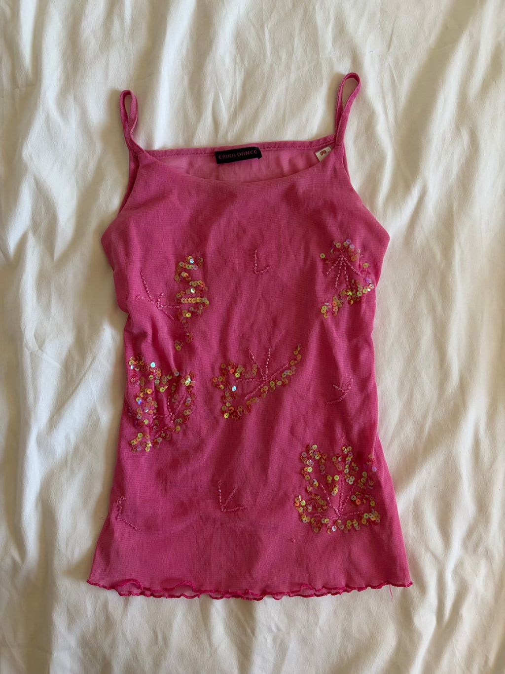 Vintage Y2K bubblegum pink micromesh cami with sequin and beaded detail