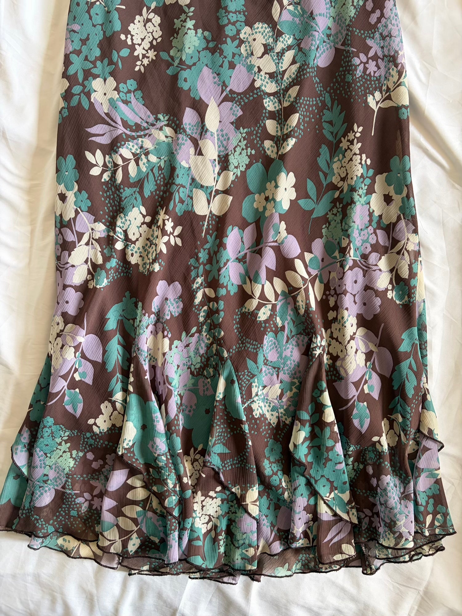 Vintage 1990s Brown and Teal Floral Midi Skirt