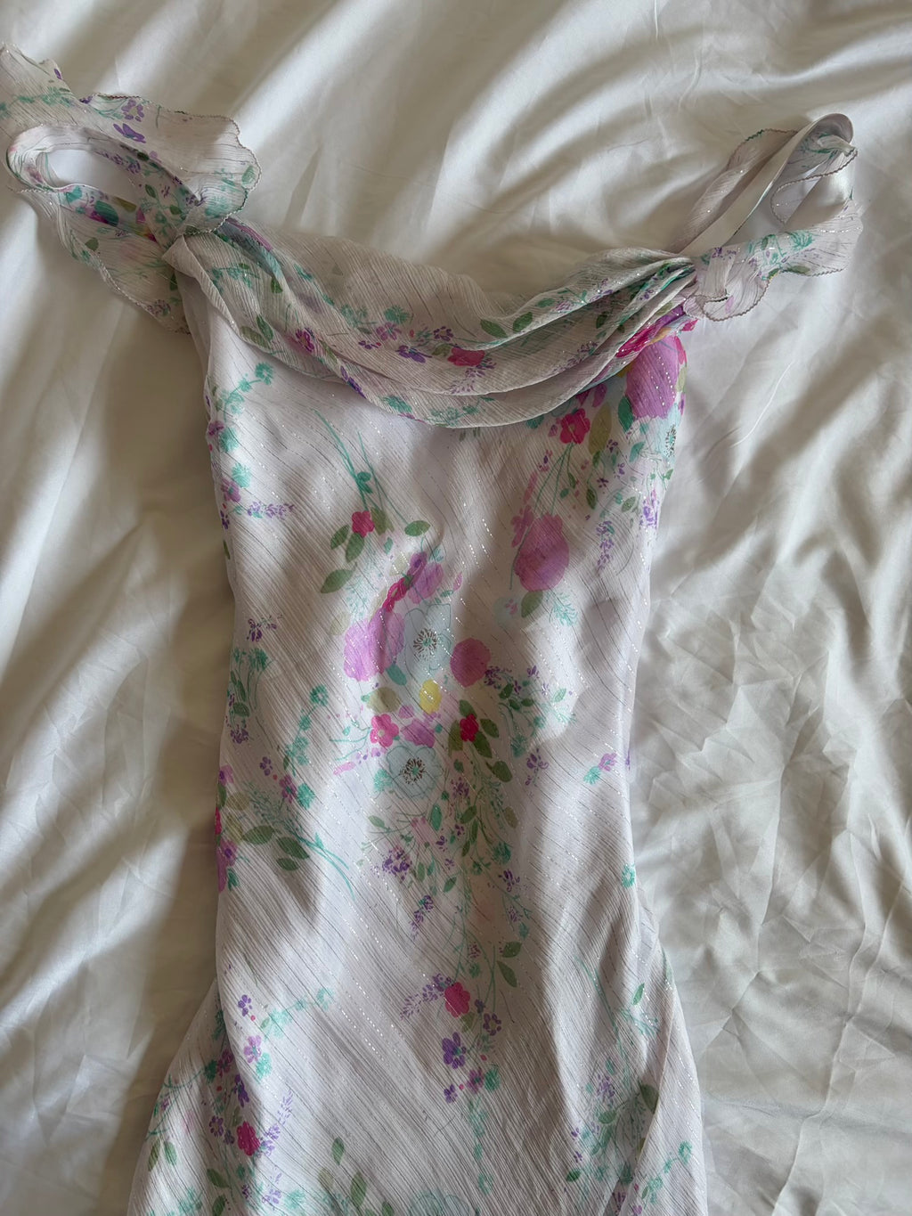 Vintage Y2K Rare Silk Asymmetrical Hem Midi Dress with Floral Detail and Sparkly Silver Detail