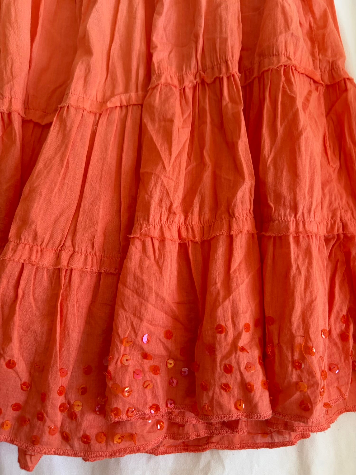 Vintage Y2K sunset orange cotton midi tiered skirt with sequin hem
