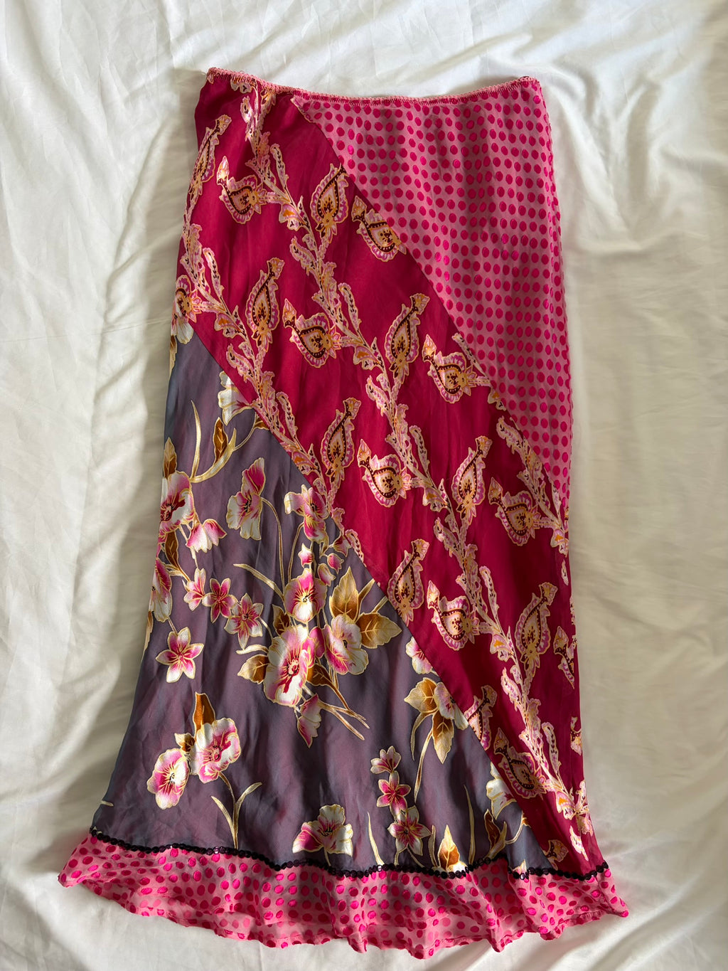 Vintage 1990s Silk Blend Patchwork Paisley Floral Polka Dot Midi Skirt