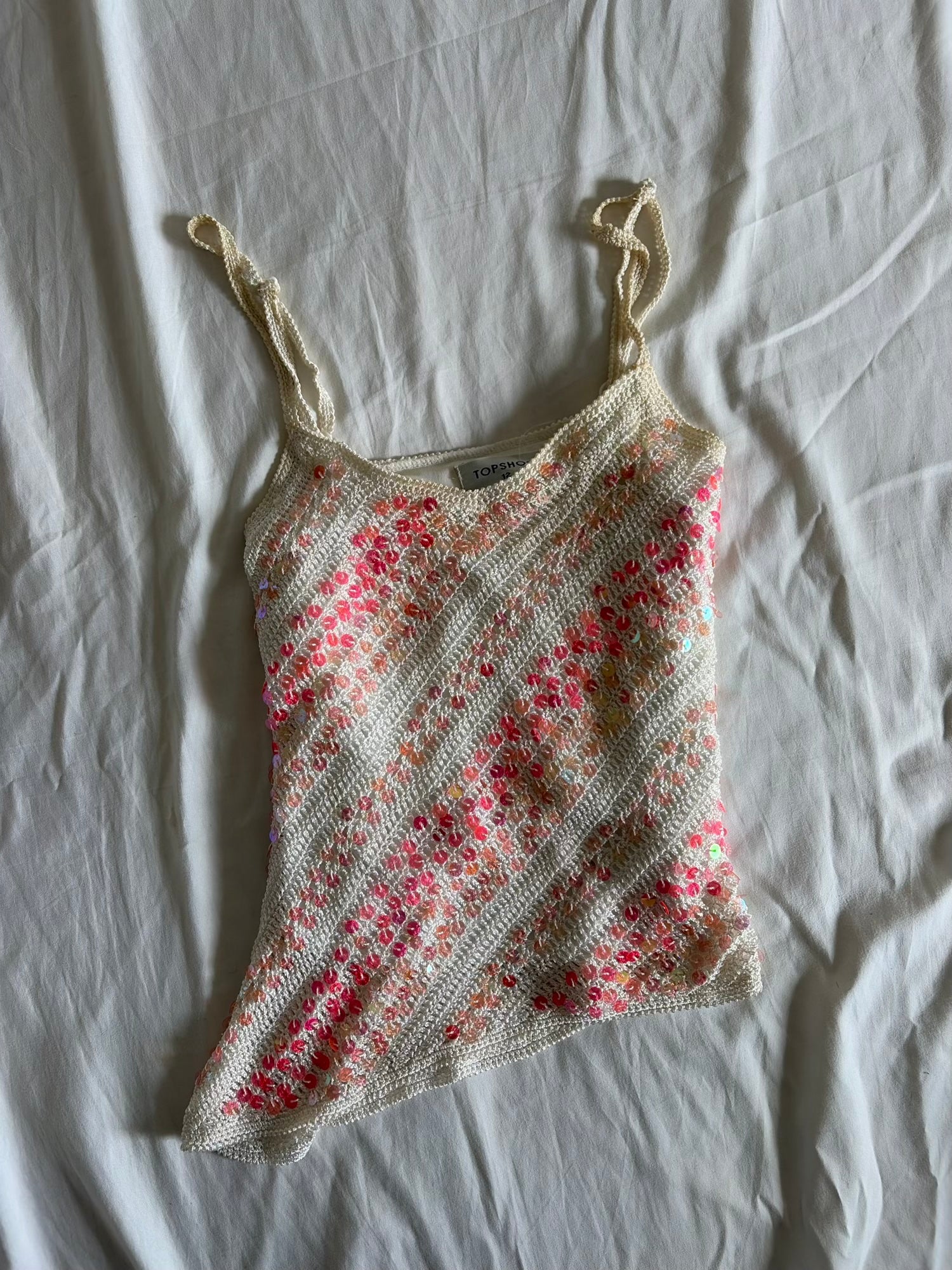 Vintage Y2K Crochet Cami with Pink Iridescent Sequins and Asymmetrical Hem