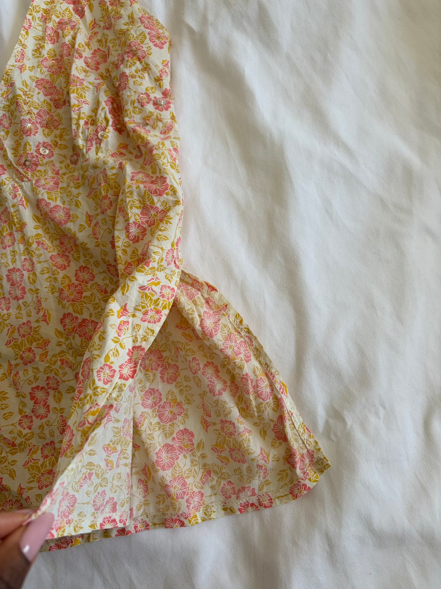 Vintage Y2K floral cotton halterneck with sequin and beads on the bust and split sides
