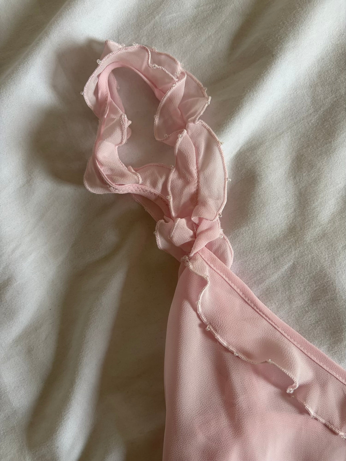 Vintage 1990s Baby Pink Semi Sheer Cami with Beads and Ruffle Detail