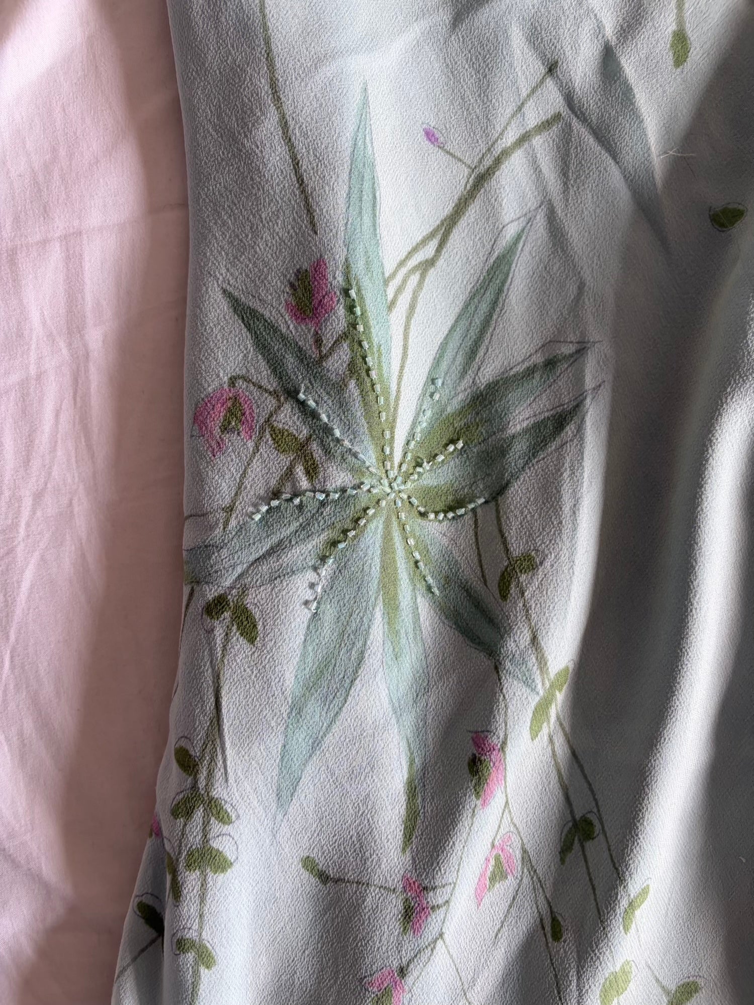Vintage 1990s Silk Pastel Midi Dress with Florals and Beading