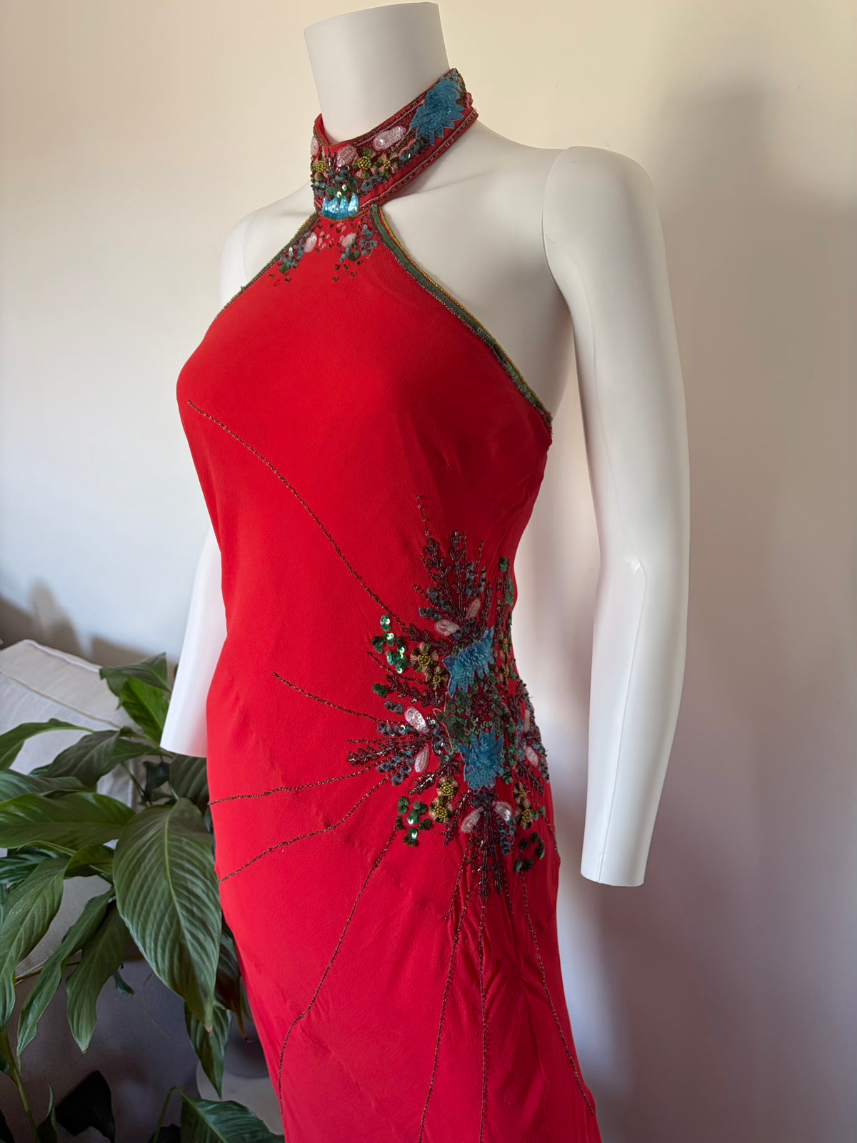 Vintage 2004 Karen Millen Red Silk Asymmetrical Hem Halterneck Dress with Beadwork