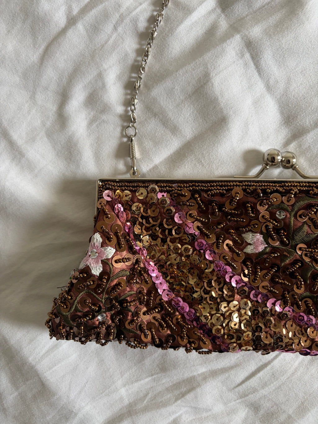 Vintage 1990s Brown Beaded Rose-Embroidered Sequin Bag