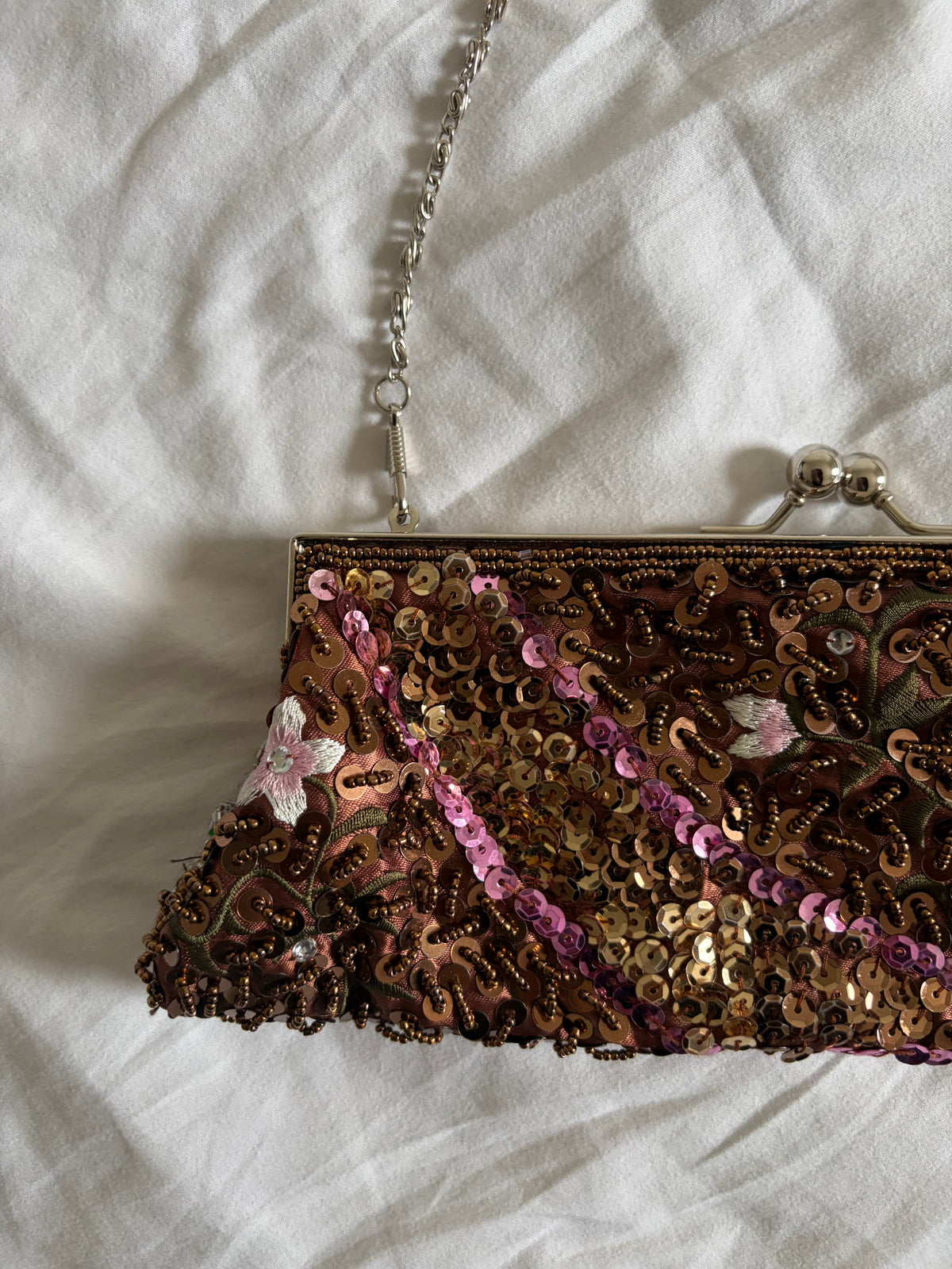 Vintage 1990s Brown Beaded Rose-Embroidered Sequin Bag