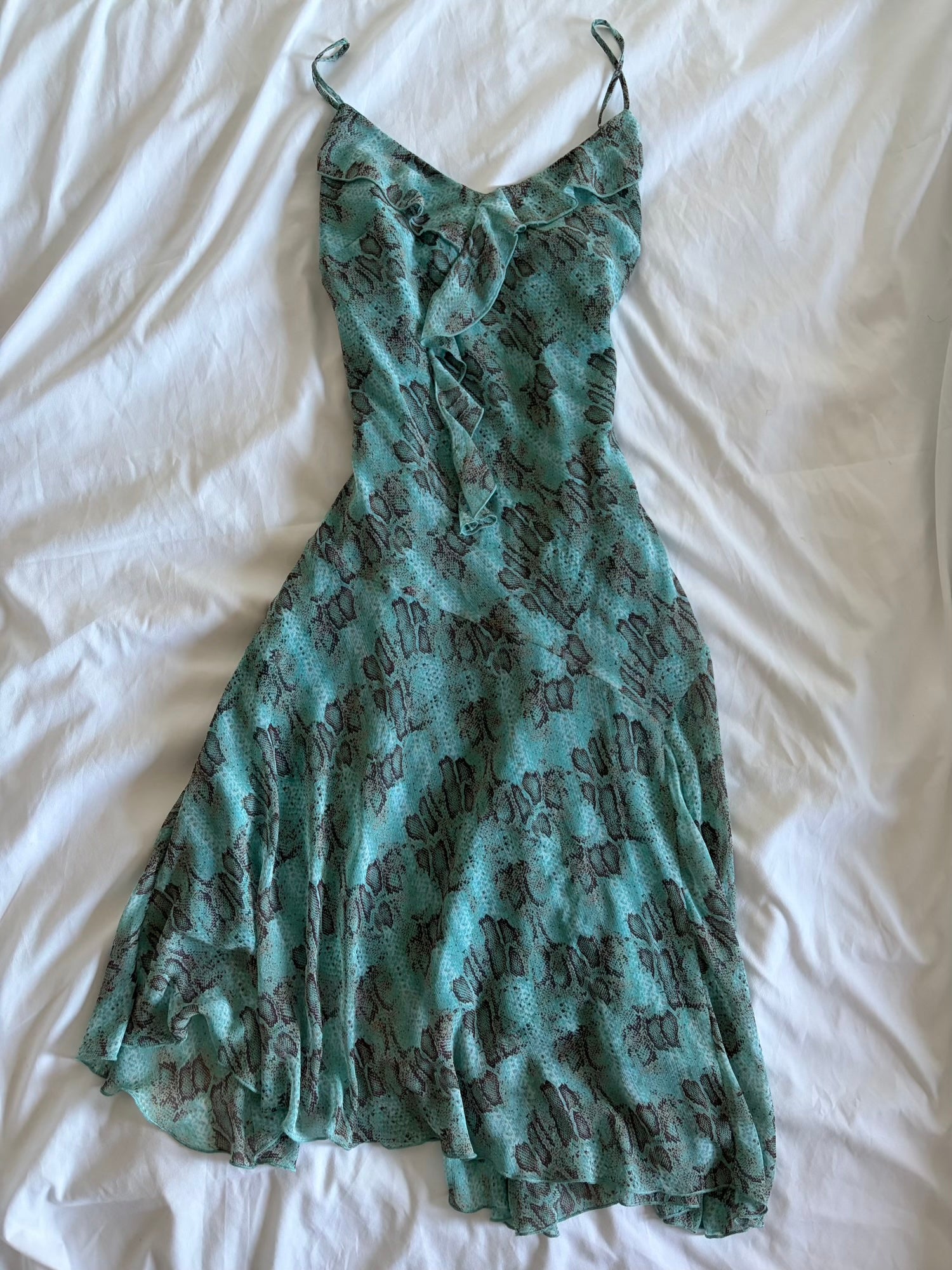 Vintage blue snake print midi fairy dress with floaty fairy hem