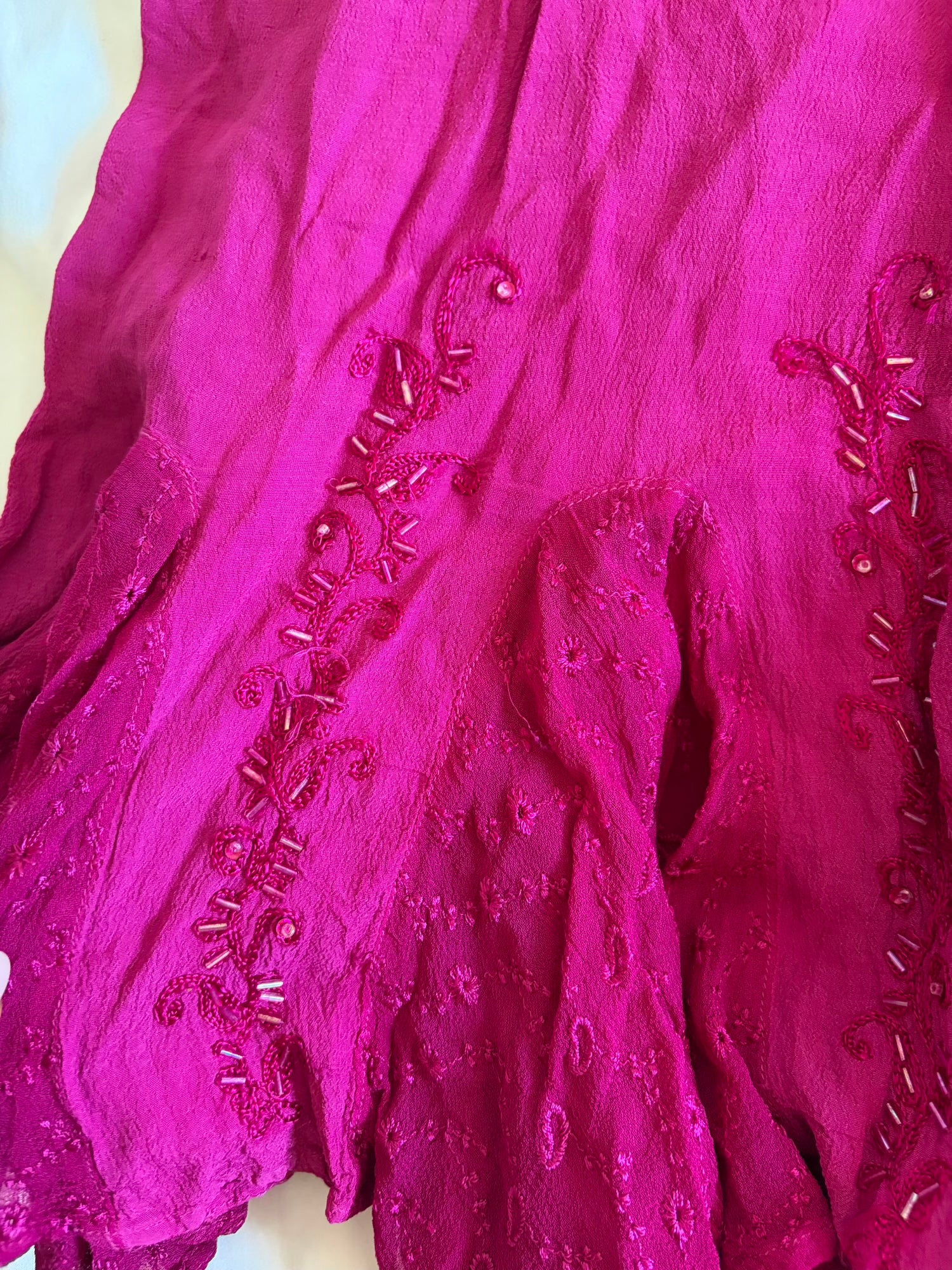 Vintage Y2K cerise maxi skirt with embroidered mermaid hem with beads