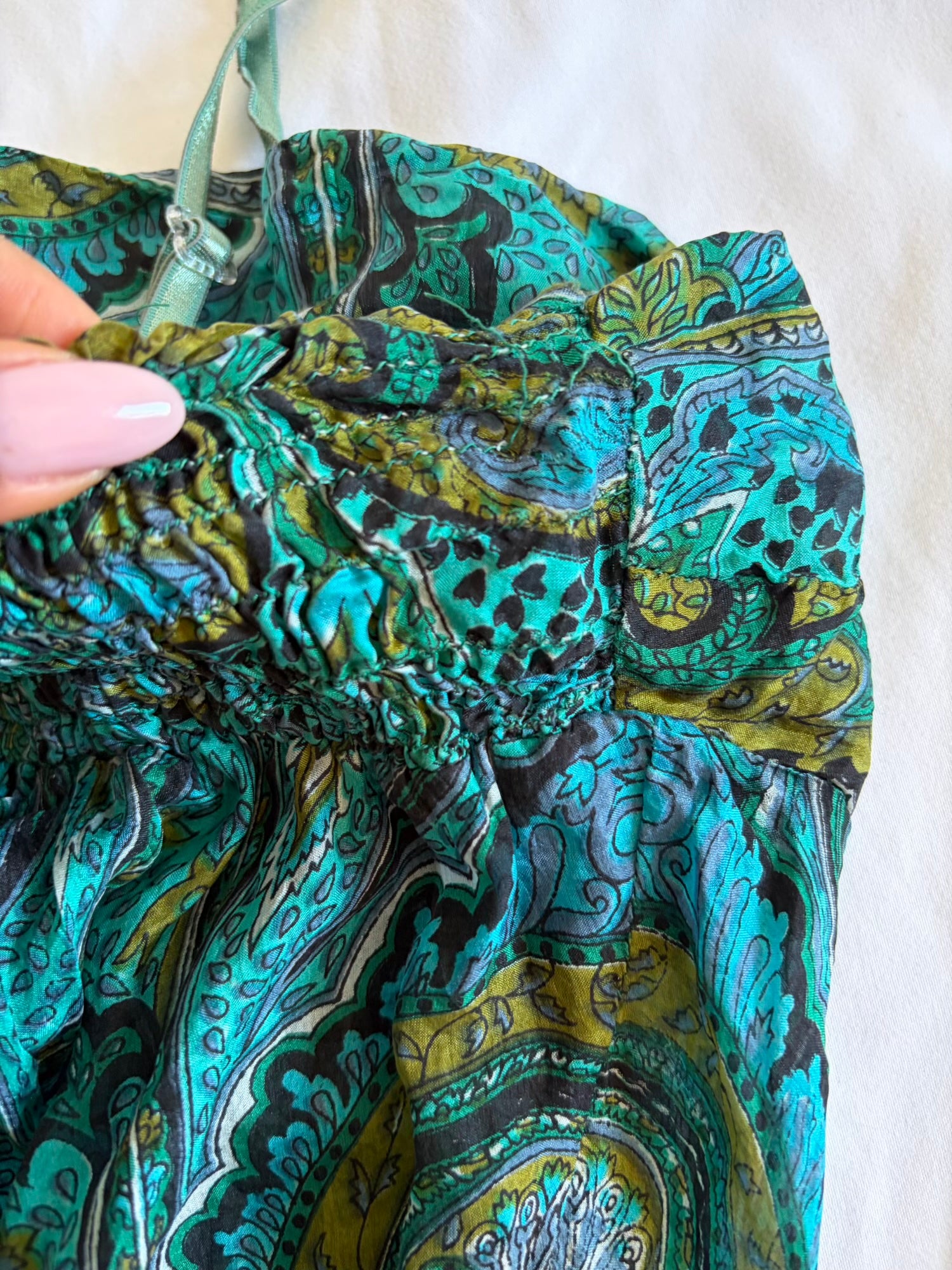 Vintage Y2K green silk paisley handkerchief hem bandeau forest fairy cami with iridescent sequins