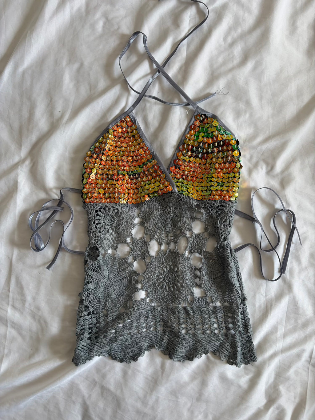Handmade Grey Crochet Backless Halter and Ultra Mini Skirt Set