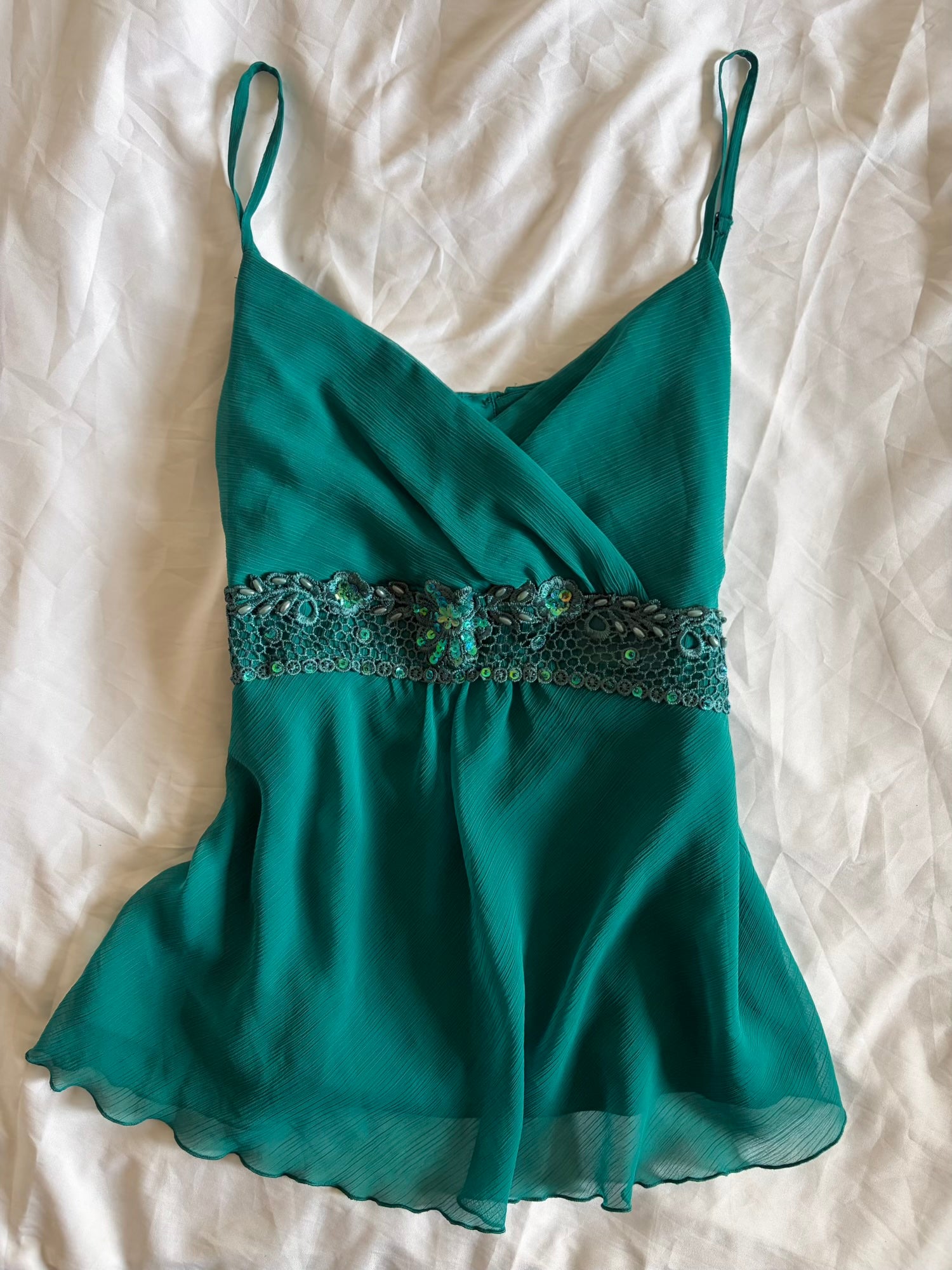 Vintage Y2K Teal Cami with Embellished Underbust Detail with Beads and Sequins