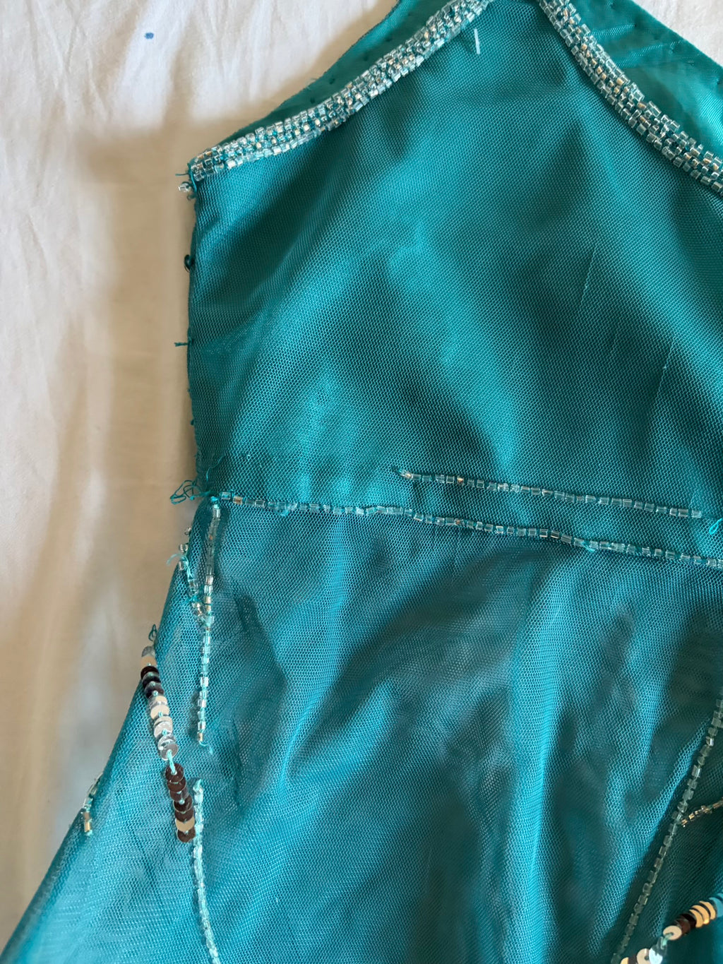 Vintage Y2K Teal Handkerchief Hem Sequin and Beaded Cami