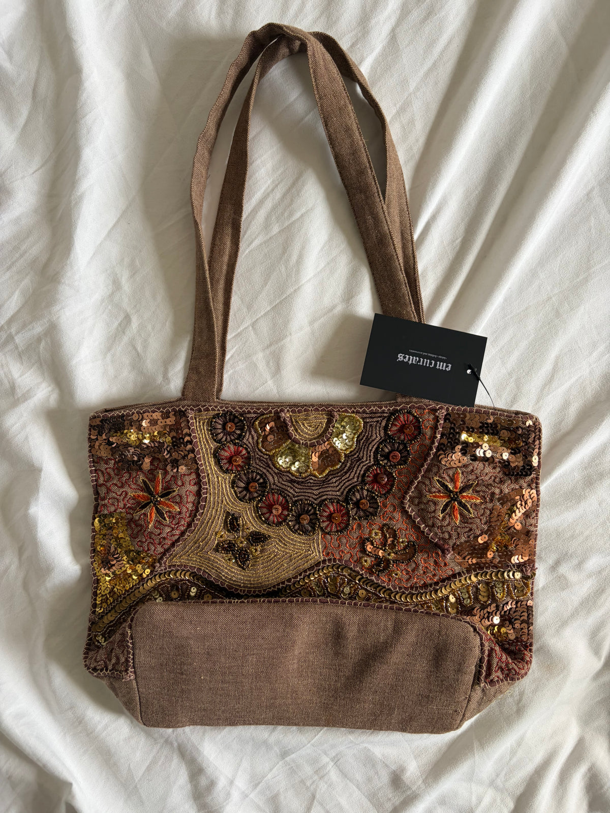 Vintage 2000s Per Una Brown Embroidered Sequin Tote Bag