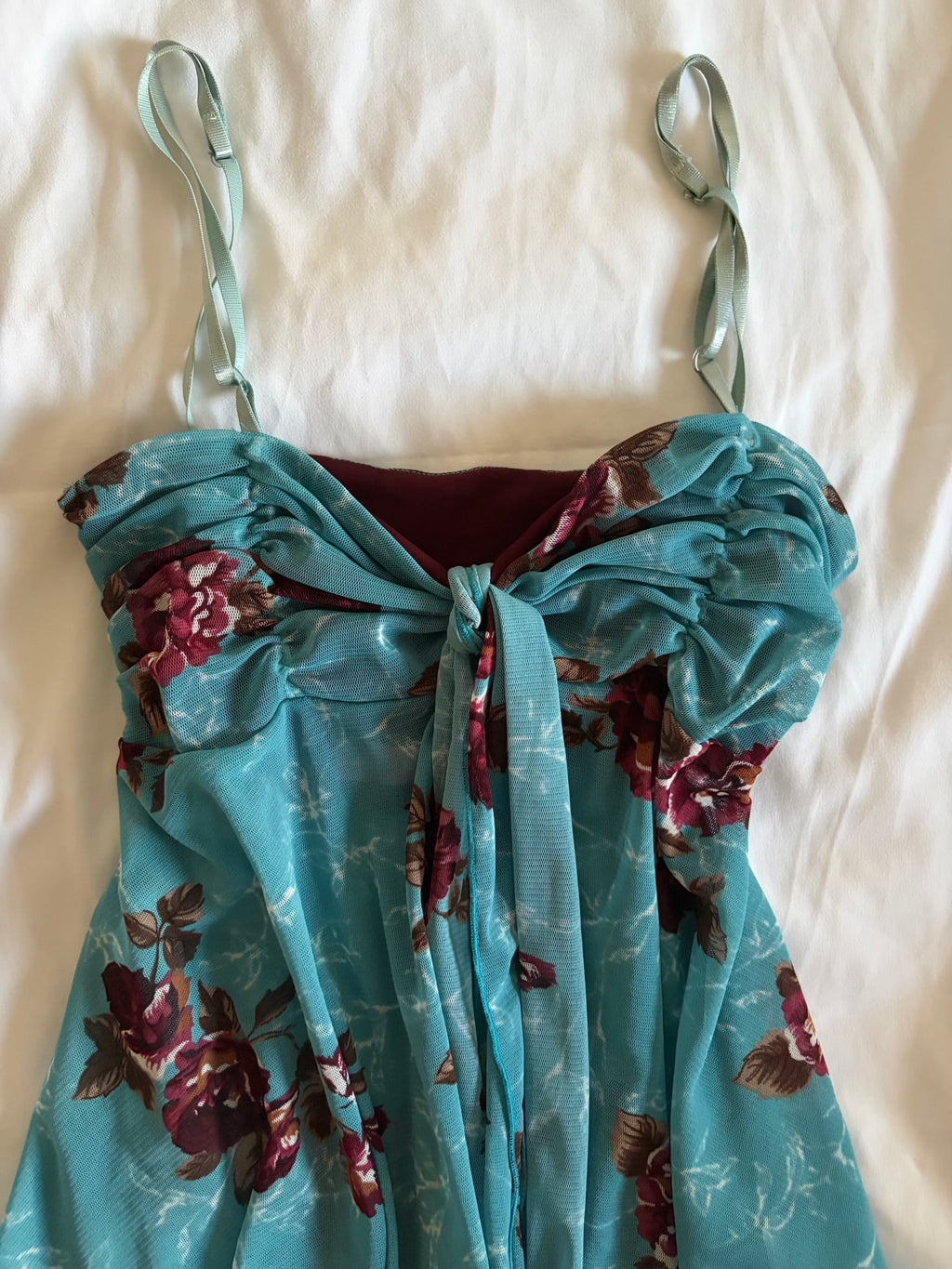 Vintage Y2K mesh floral asymmetrical hem cami with knot tie bust