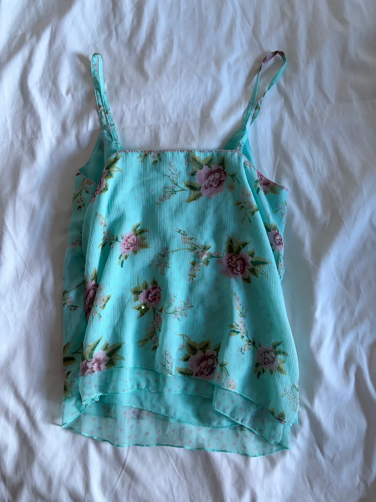 Vintage Y2K blue floral pink sequin and beaded cami